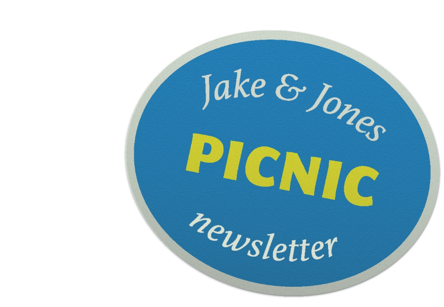 Circular blue badge with 'Jake & Jones Picnic newsletter' text on a white background