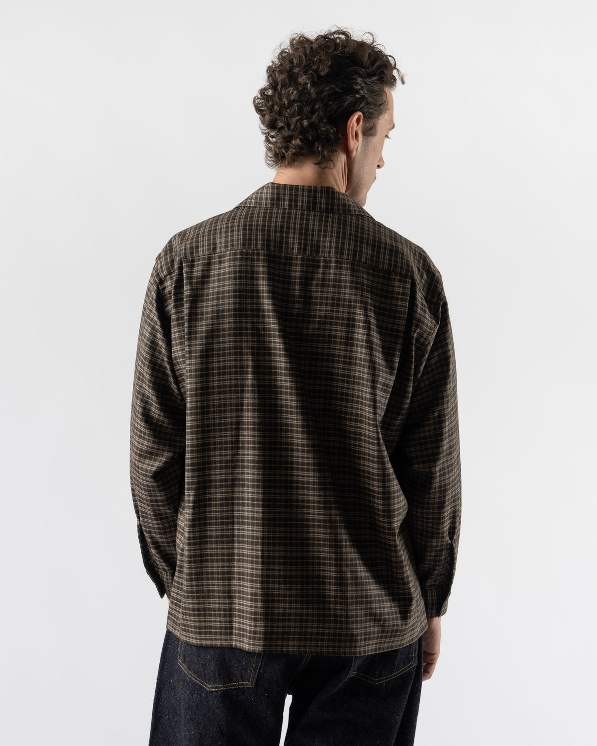 Kaptain Sunshine Wool Plaid Open Collar Shirt in Brown