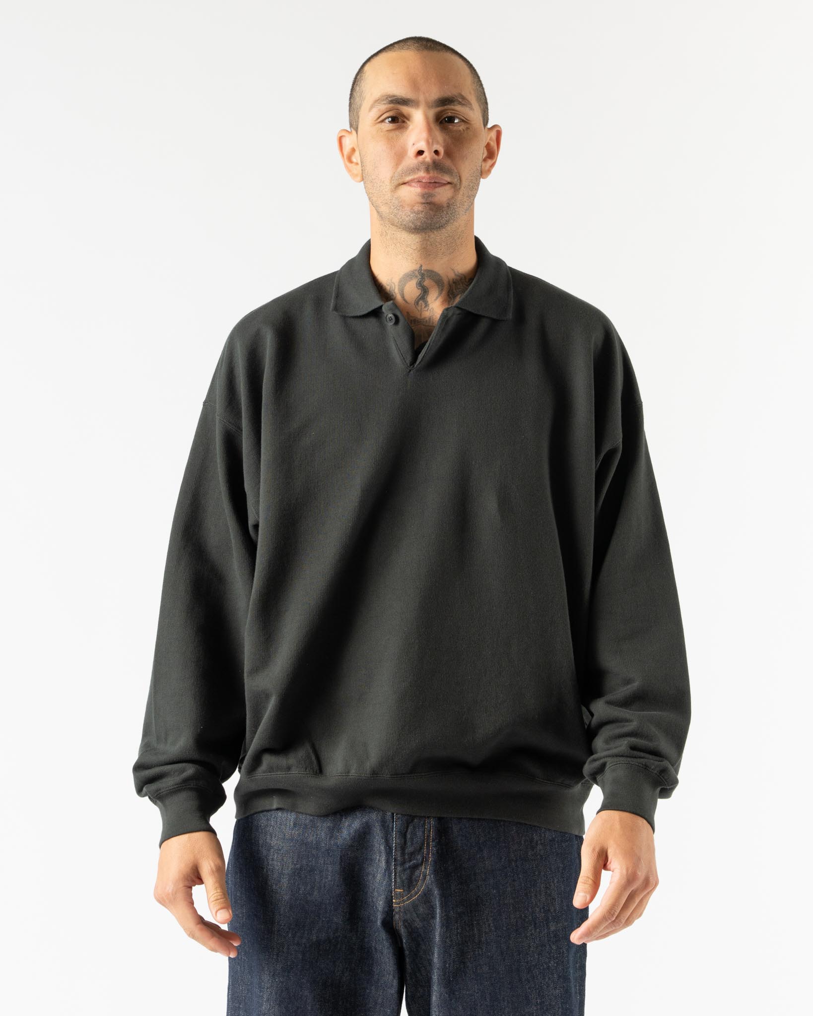 Auralee Pima Light Sweat Polo in Ink Black Curated at Jake