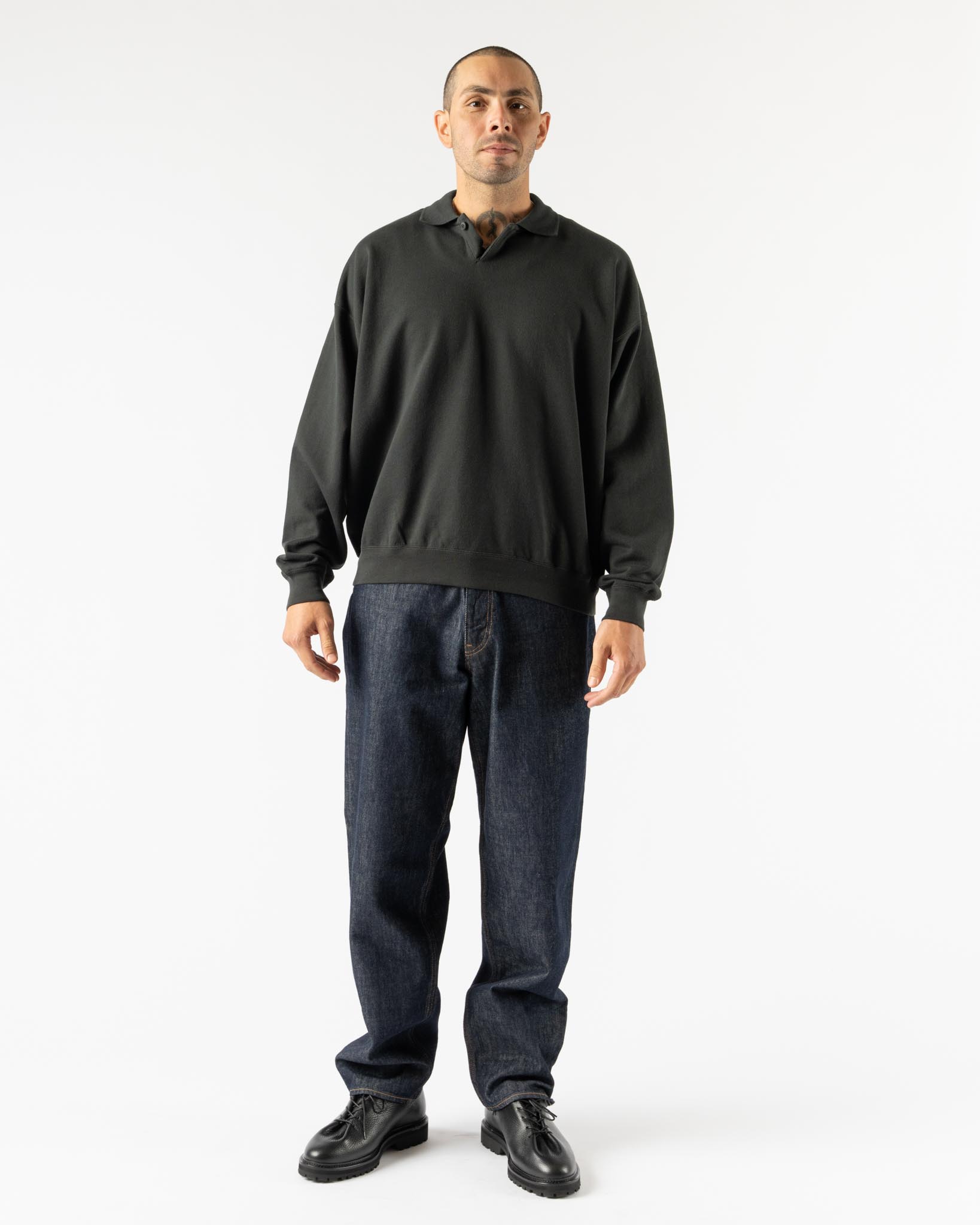 Auralee Pima Light Sweat Polo in Ink Black