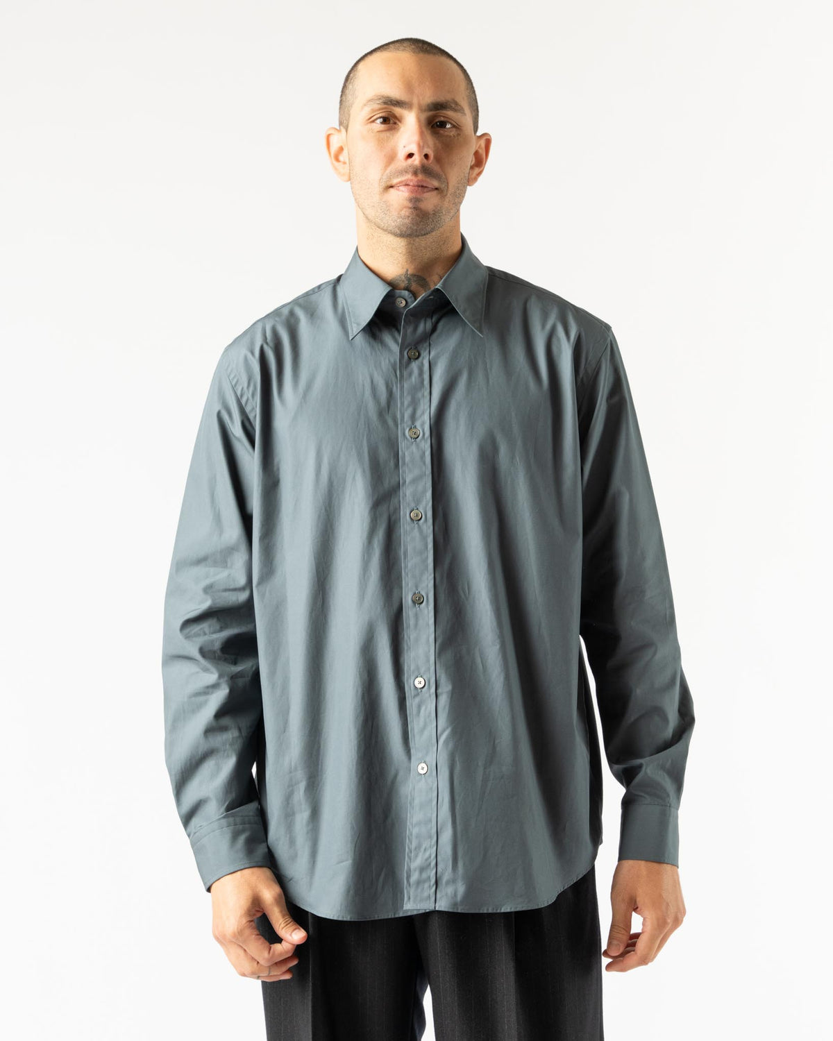 Auralee High Count Finx Ox Shirt in Dark Blue Curated at Jake and 