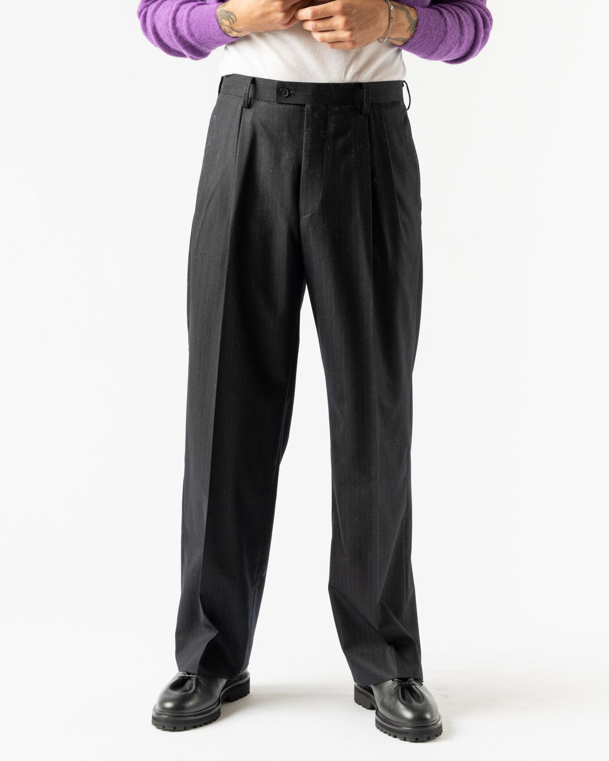 Auralee Wool Fulling Flannel Stripe Slacks in Dark Navy Curated at 