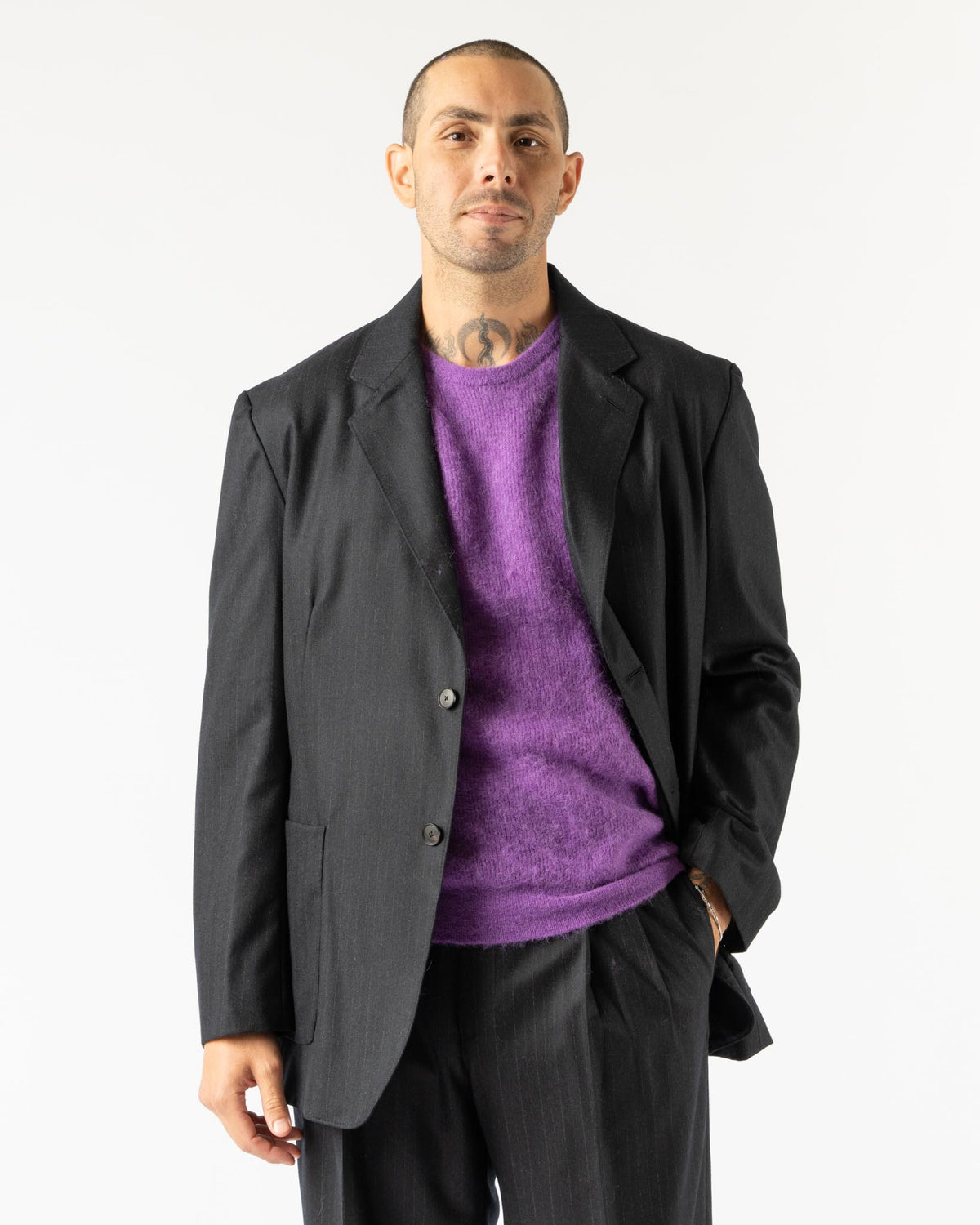 Auralee Wool Fulling Flannel Stripe Jacket in Dark Navy Curated at 