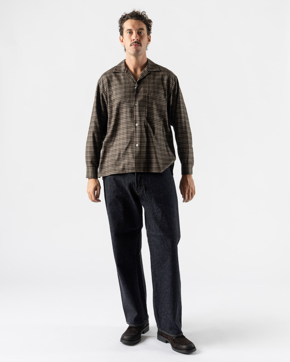 Kaptain Sunshine Wool Plaid Open Collar Shirt in Brown