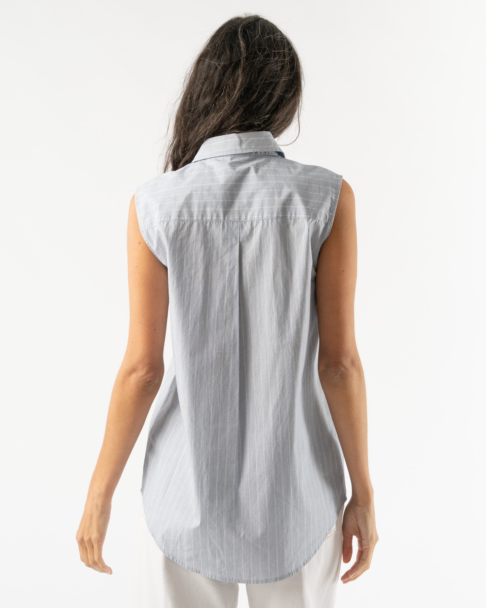 6397 Sleeveless Button Down Shirt in Blue/White Stripe