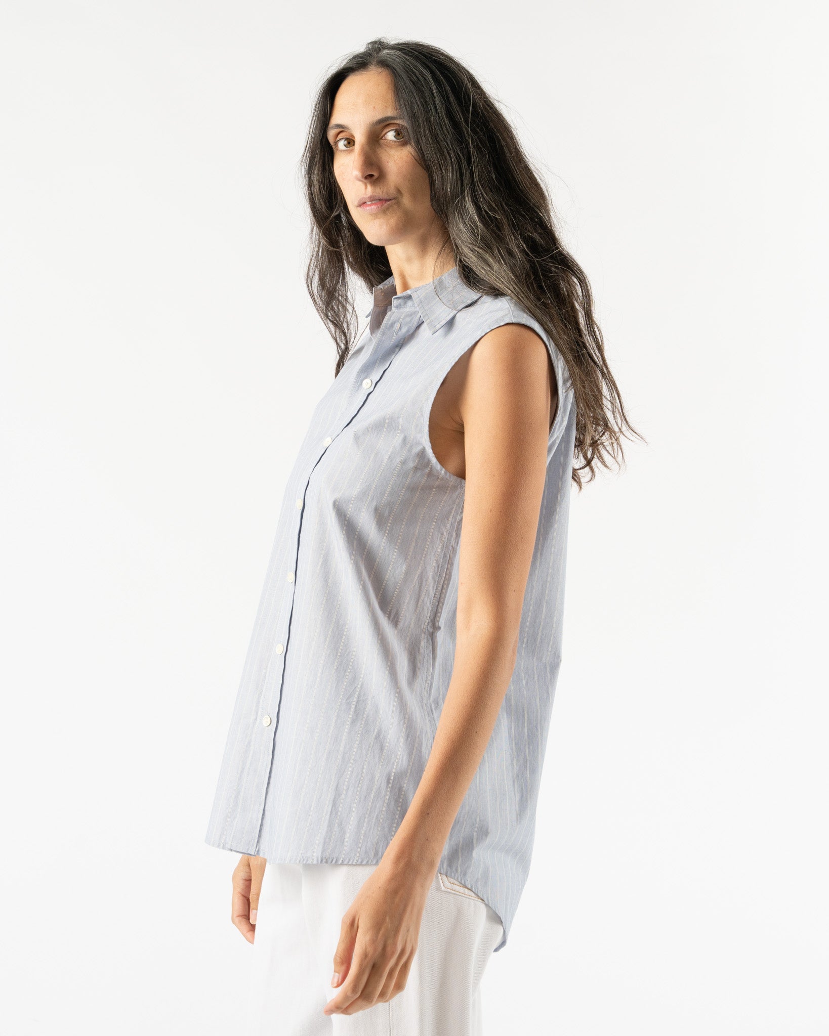 6397 Sleeveless Button Down Shirt in Blue/White Stripe