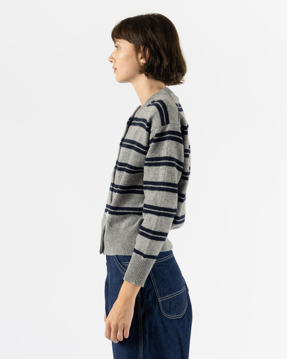 &Daughter Ada Crewneck Cardigan in Stripe Flannel Grey with Navy