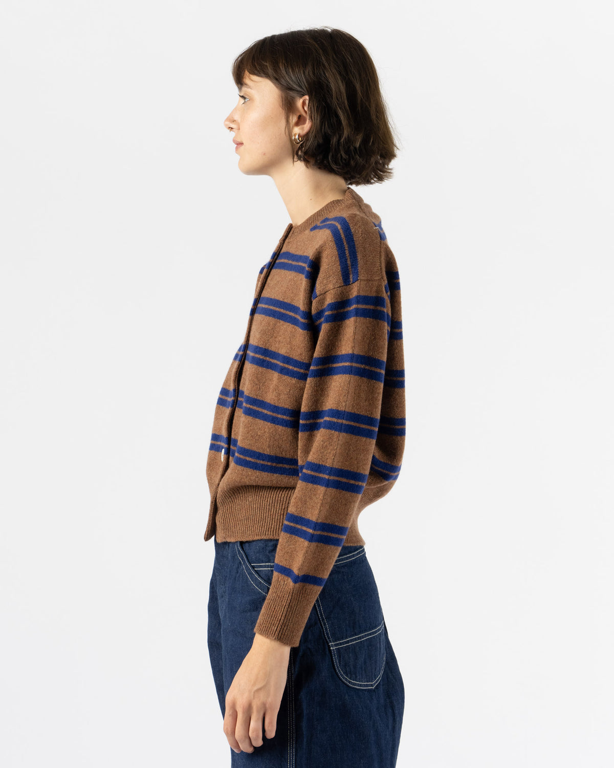 &Daughter Ada Crewneck Cardigan in Stripe Hazelnut with Smalt Blue