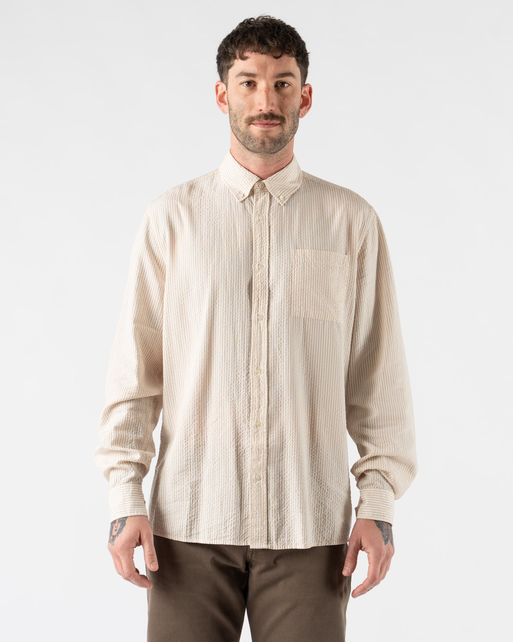 Another Aspect Another Shirt 1.0 in Ecru Brown Stripe Curated at Jake and Jones L Another Aspect Another Shirt 1.0 in Ecru Brown Stripe Curated at Jake and Jones L