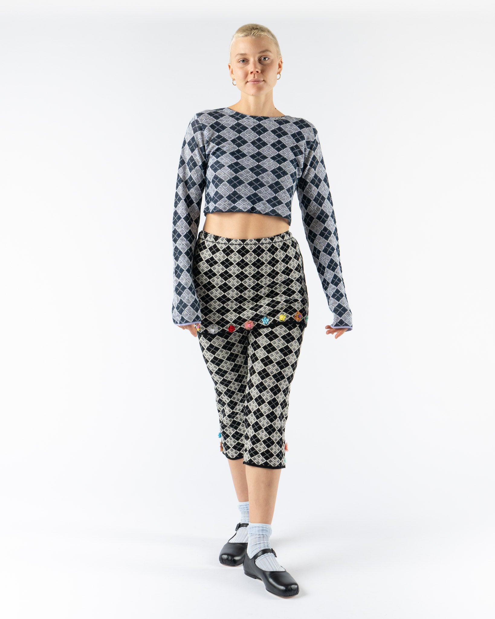 YanYan Argyle Pedal Pusher Mini Skirt with Flowers