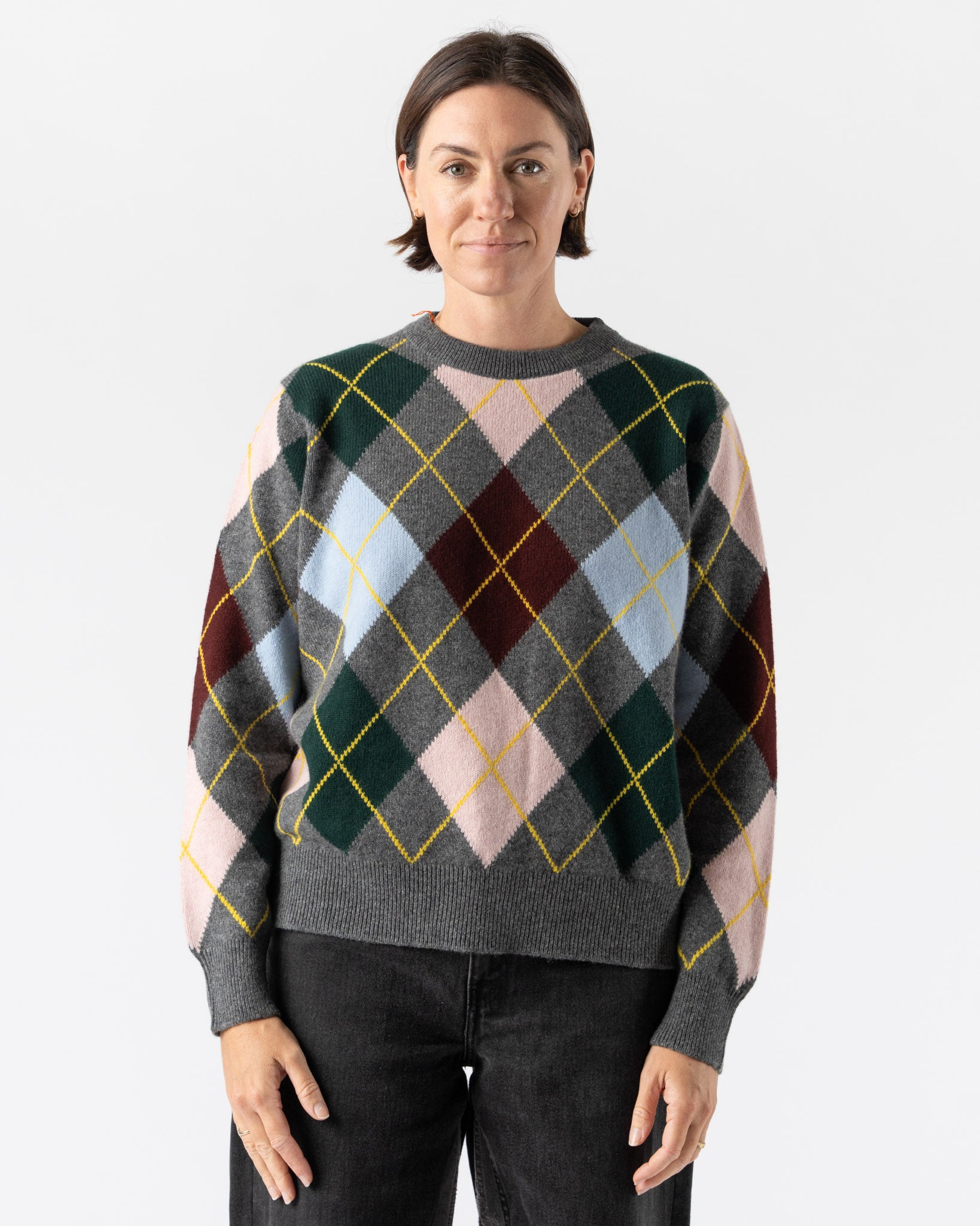 &Daughter Argyle Slouch Crewneck in Grey with Pale Pink