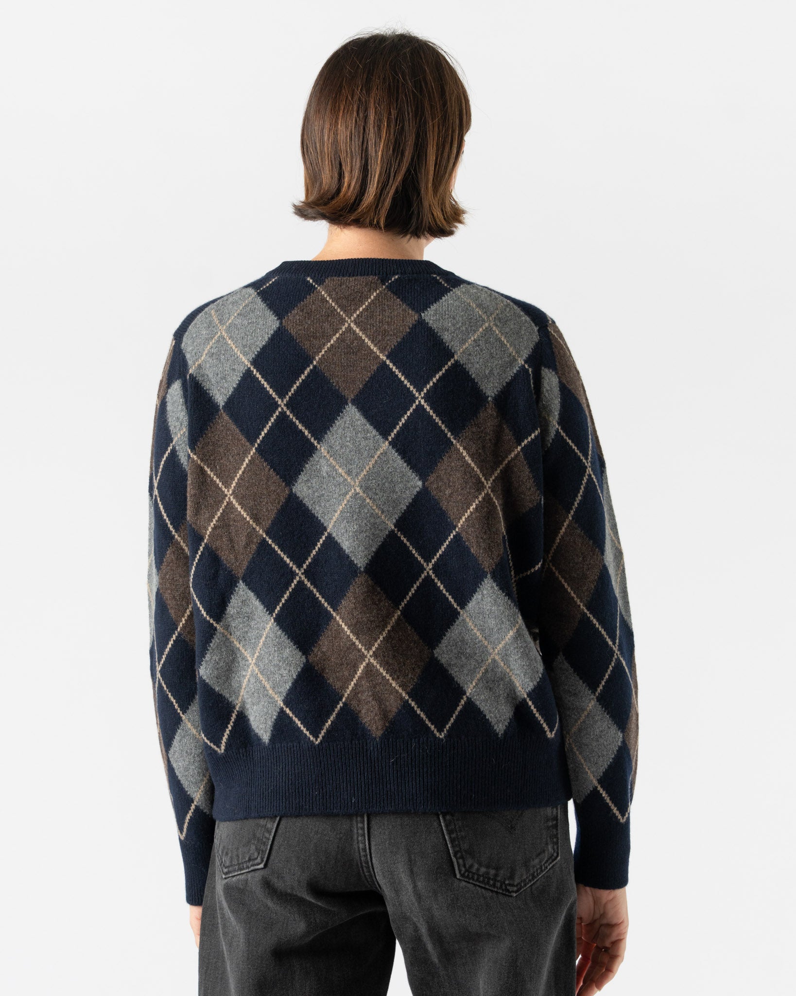 &Daughter Argyle Slouch Crewneck in Navy with Brown