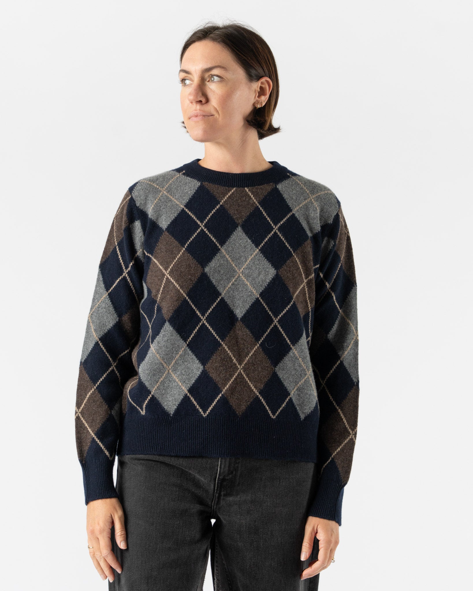 &Daughter Argyle Slouch Crewneck in Navy with Brown