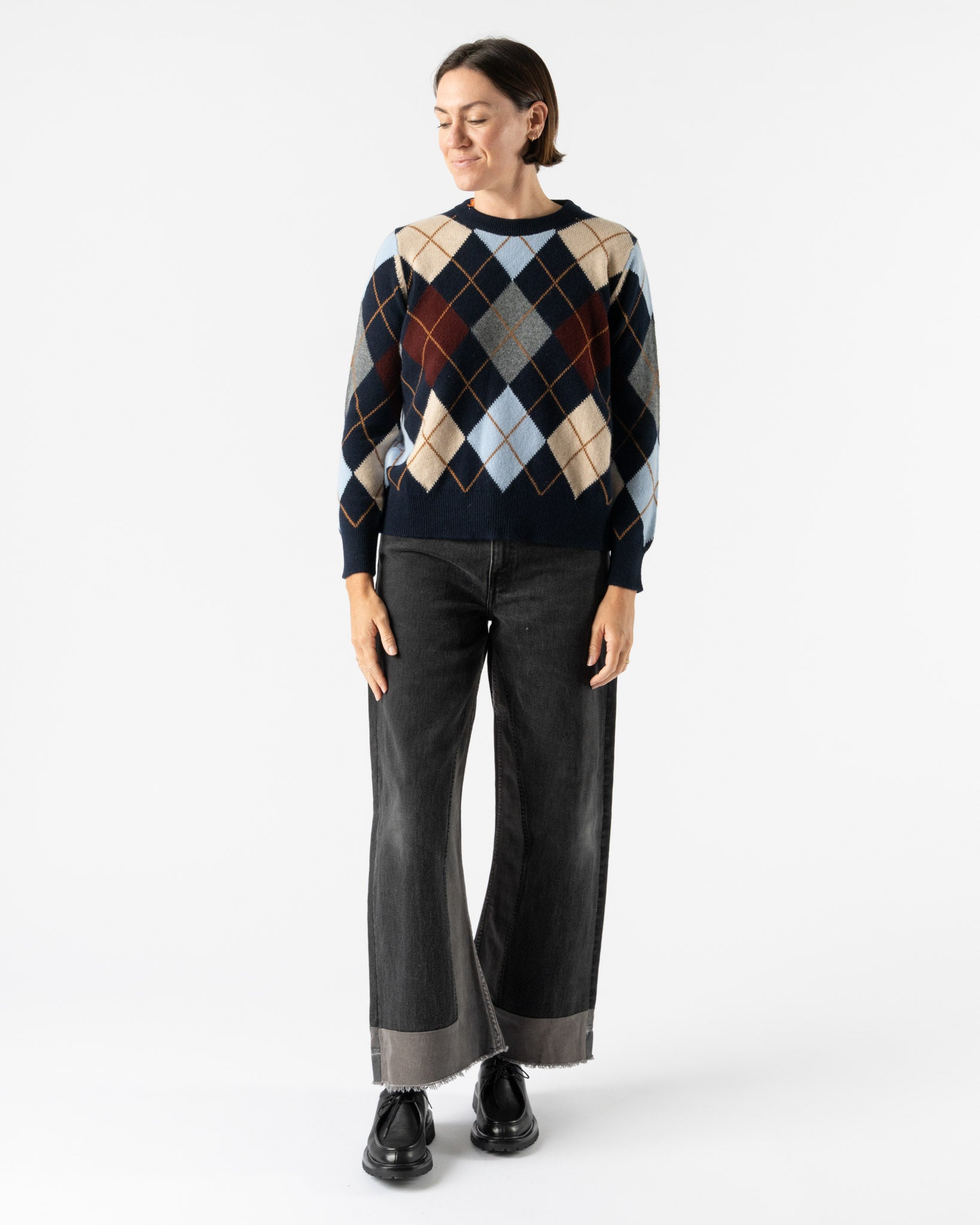 &Daughter Argyle Slouch Crewneck in Navy with Pale Blue