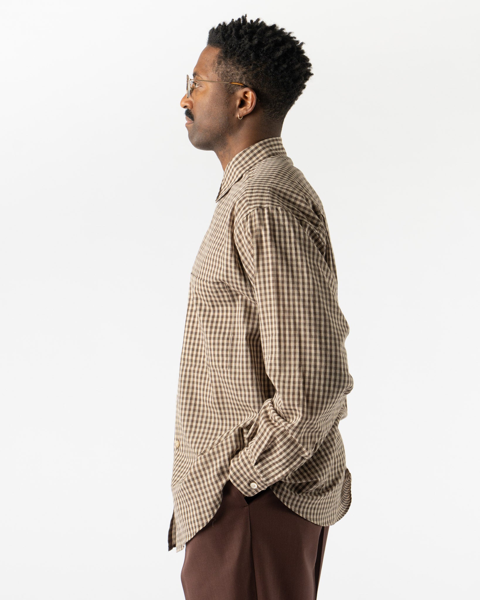Auralee Airy Light Cotton Check Shirt in Brown Gingham