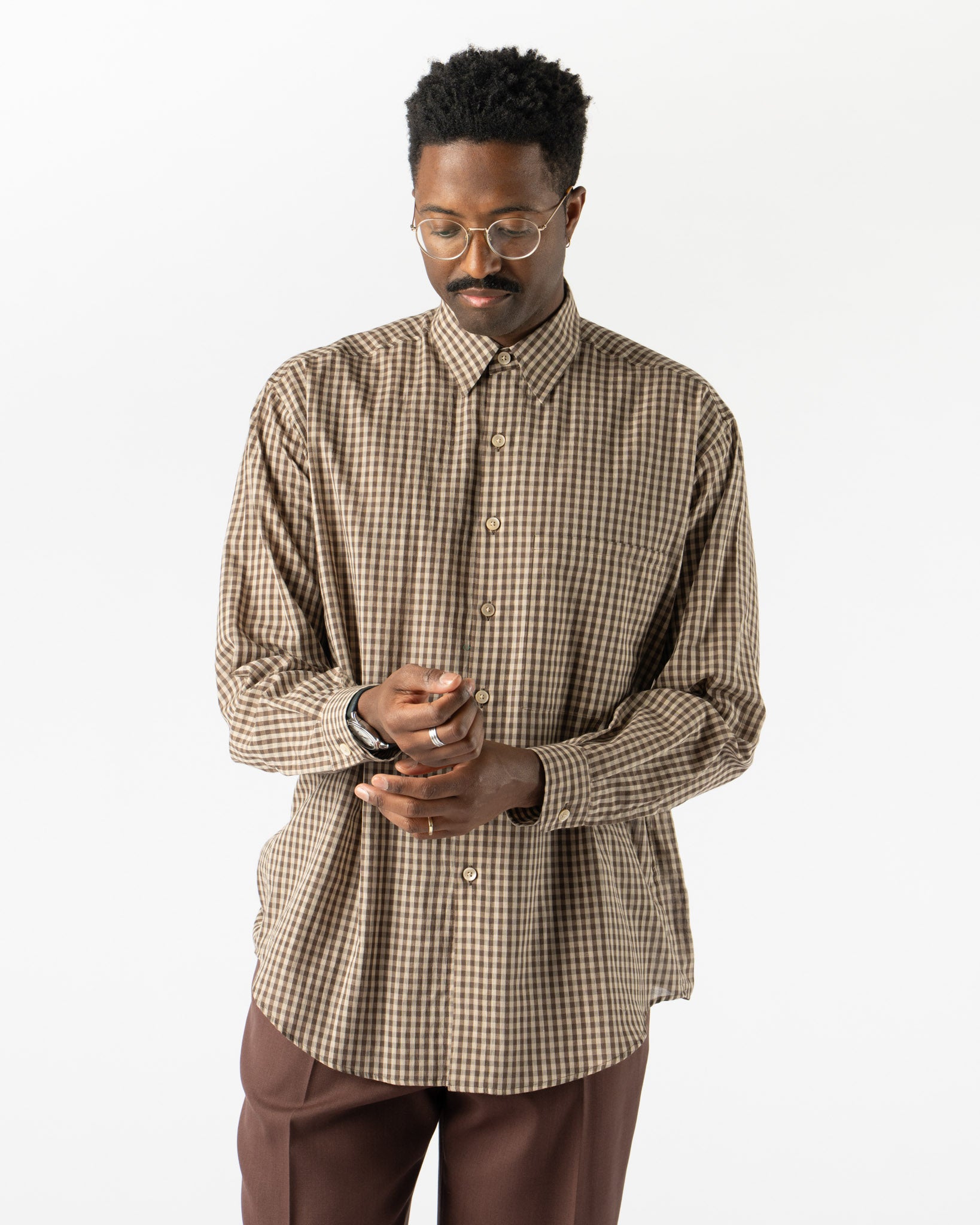 Auralee Airy Light Cotton Check Shirt in Brown Gingham Curated at Jake and Jones
