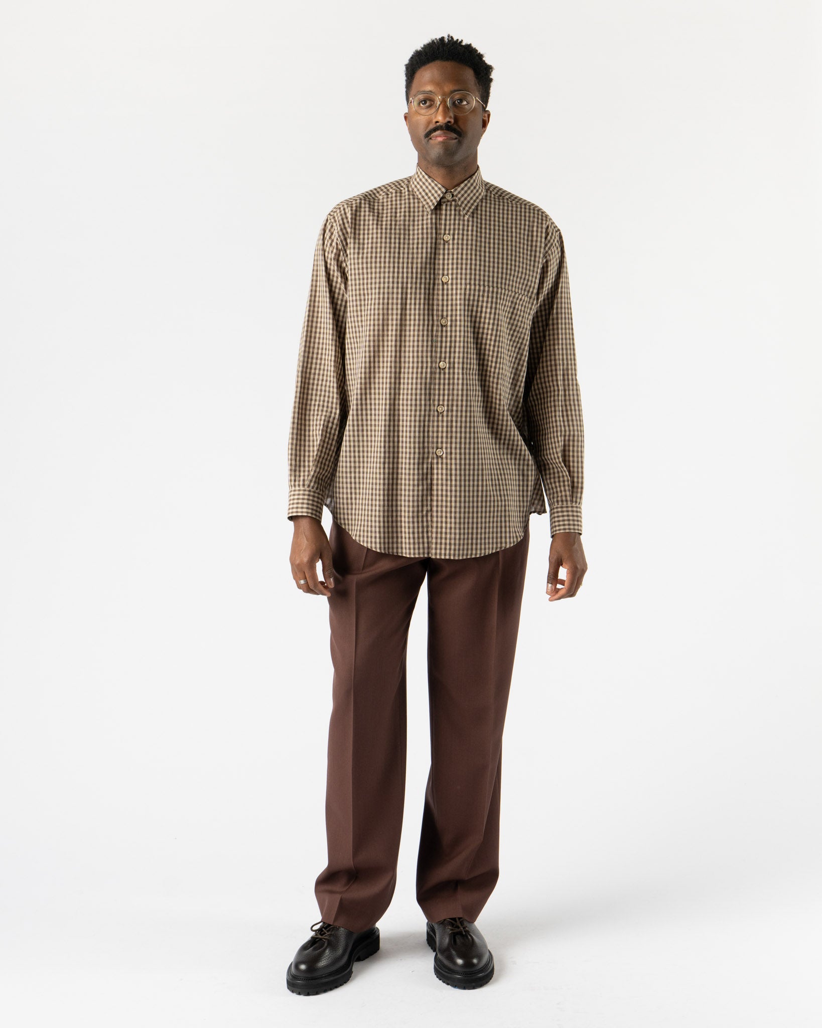 Auralee Airy Light Cotton Check Shirt in Brown Gingham