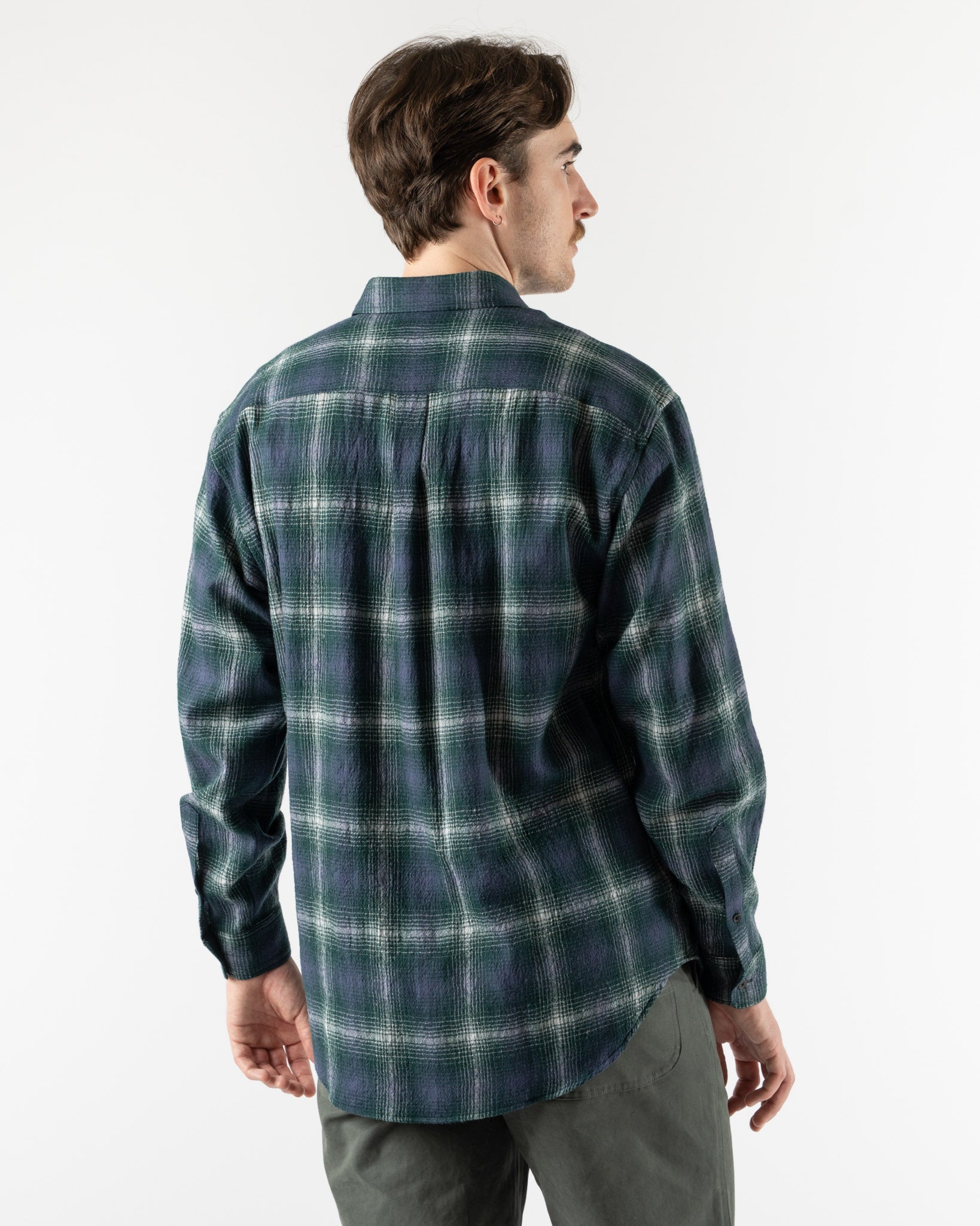Auralee Airy Wool Check Shirt in Forest Green x Navy
