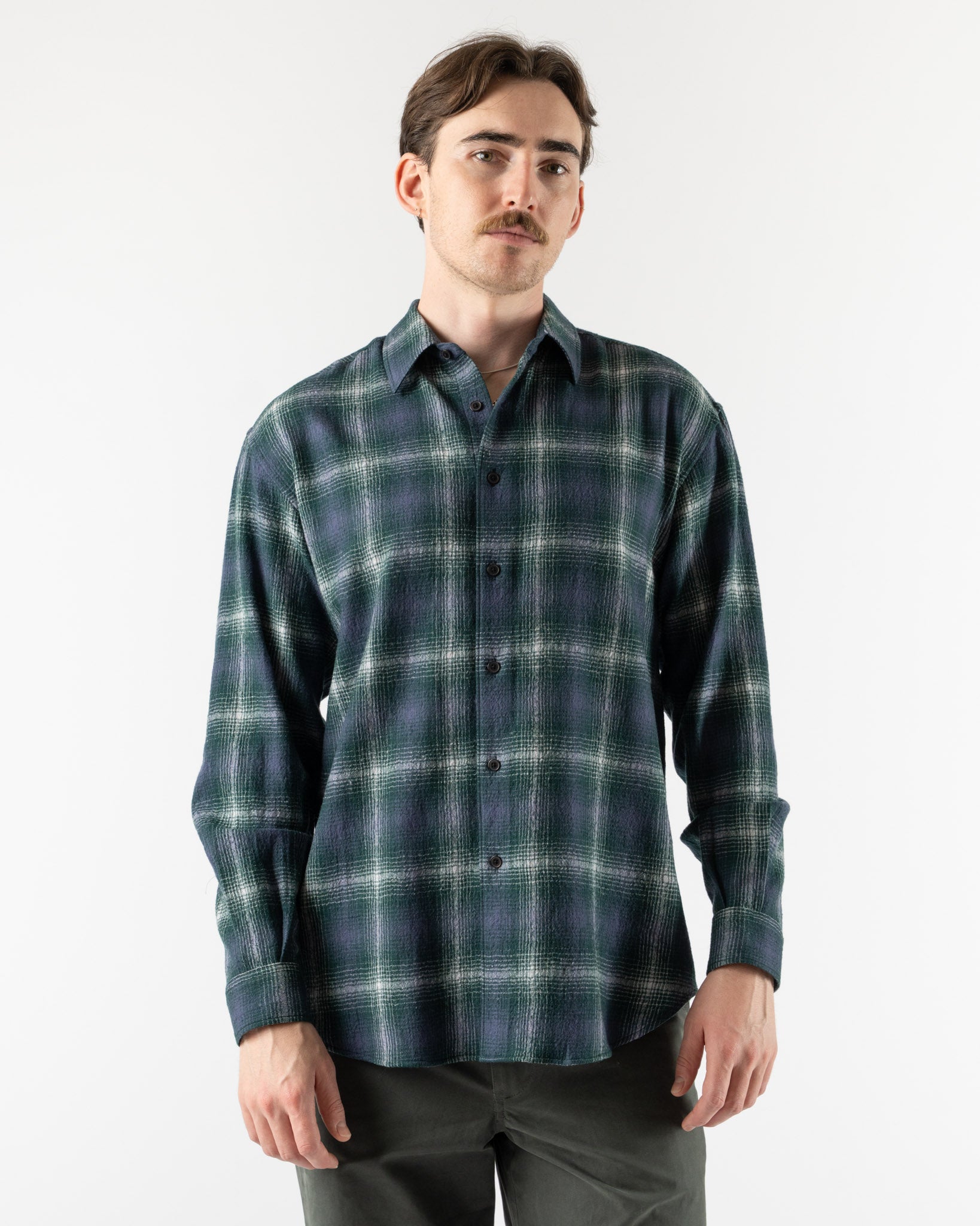 Auralee Mens Airy Wool Check Shirt | Forest Green / Navy | 5 Auralee Mens Airy Wool Check Shirt | Forest Green / Navy | 5