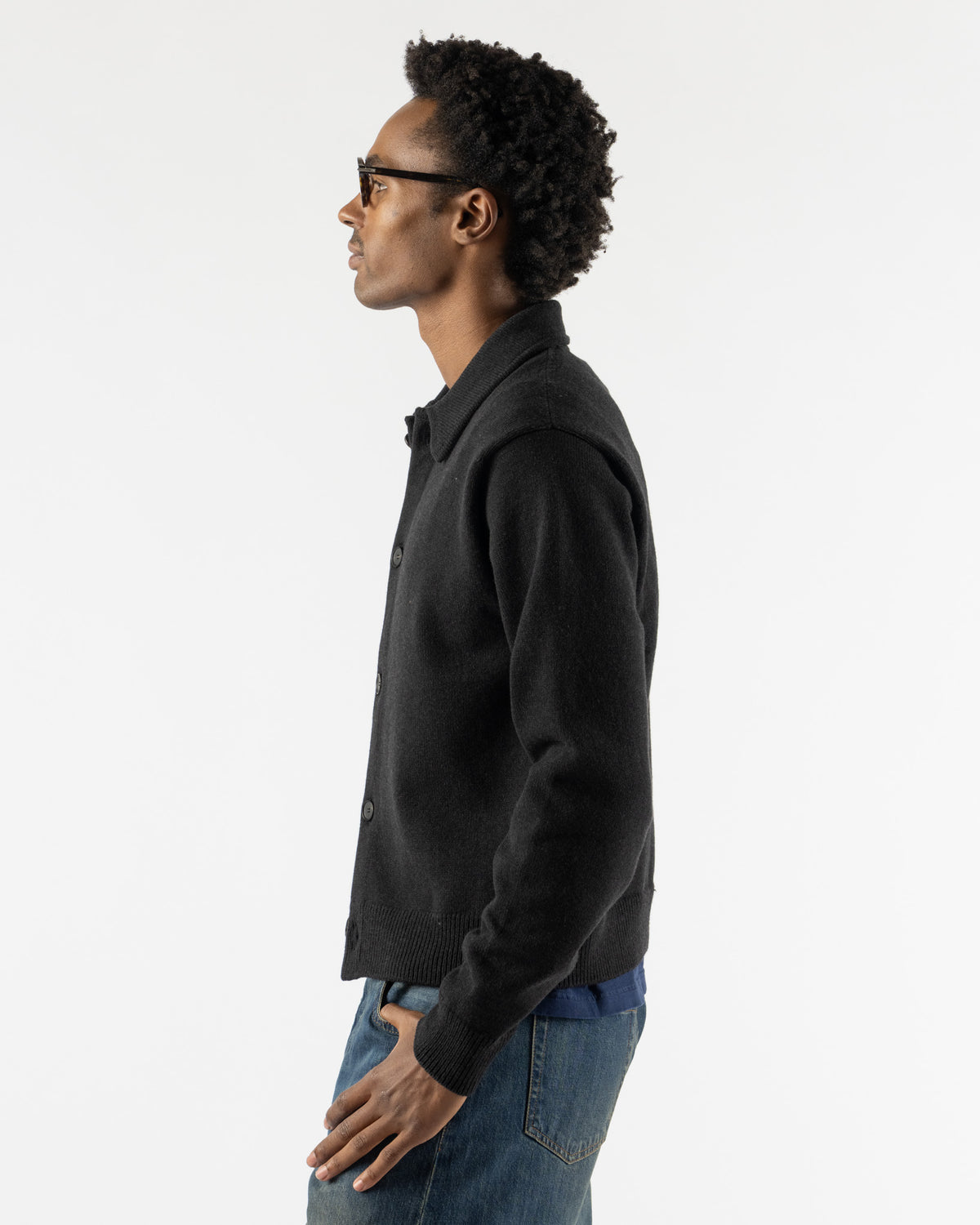 Auralee Super Fine Wool Knit Shirt Cardigan in Top Black