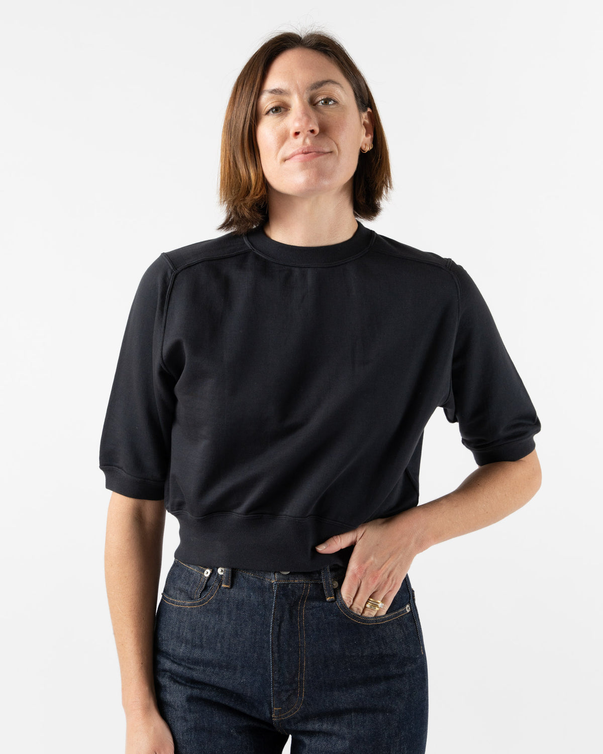 Auralee Elastic High Gauge Sweat Half Sleeved Pullover in Ink 