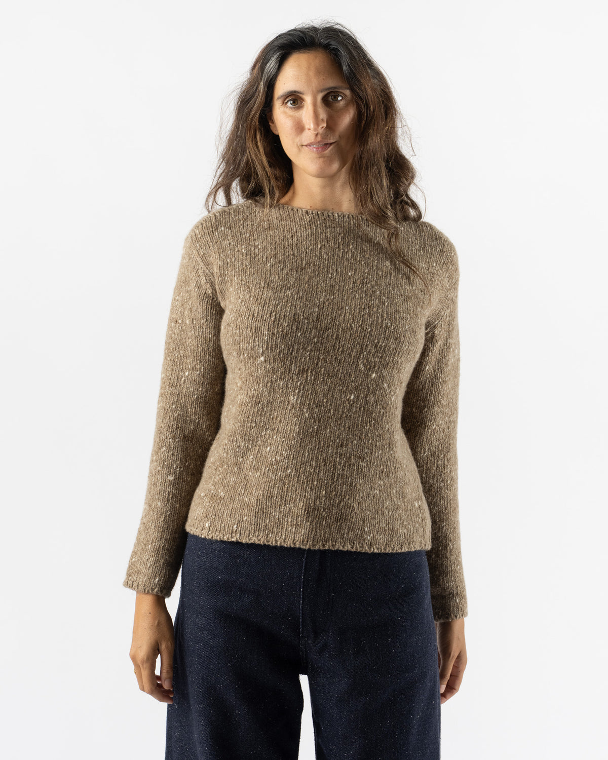 Auralee Low Gauge Homespun Tweed Knit Boat-Neck Pullover in Top Brown