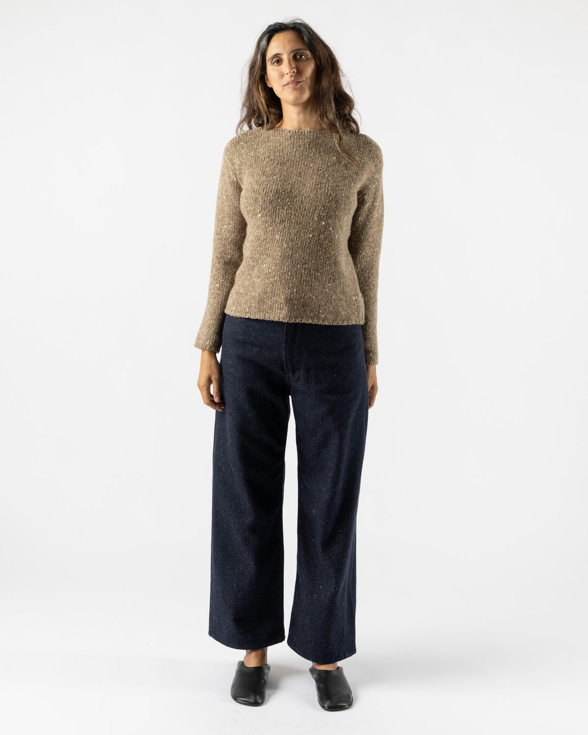 Auralee Low Gauge Homespun Tweed Knit Boat-Neck Pullover in Top Brown