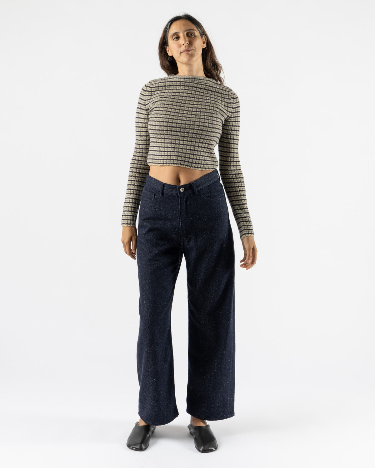 Auralee Shetland Wool Cashmere Rib Knit Boat-Neck Pullover in Lime Purple Stripe