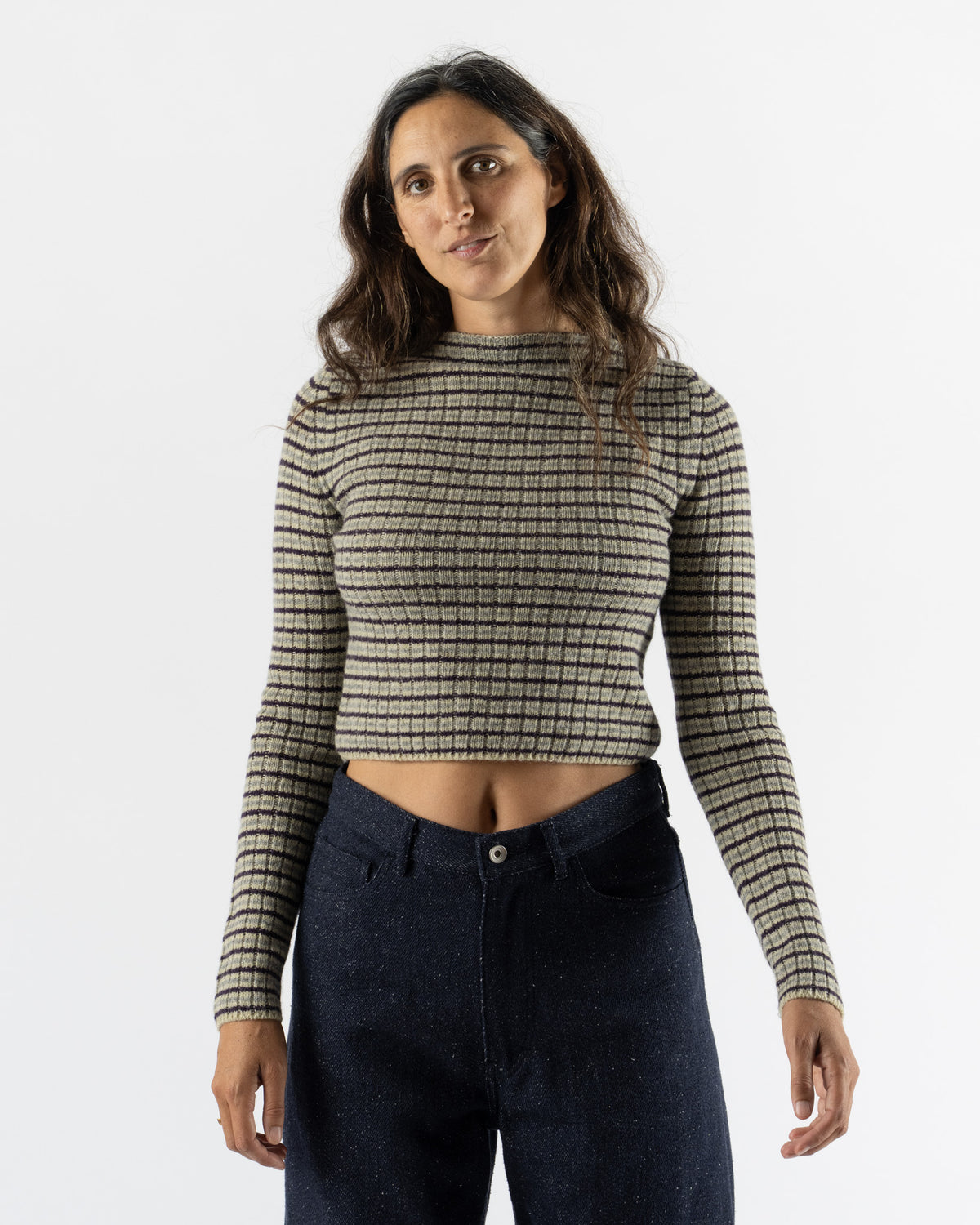 Auralee Shetland Wool Cashmere Rib Knit Boat-Neck Pullover in Lime Purple Stripe