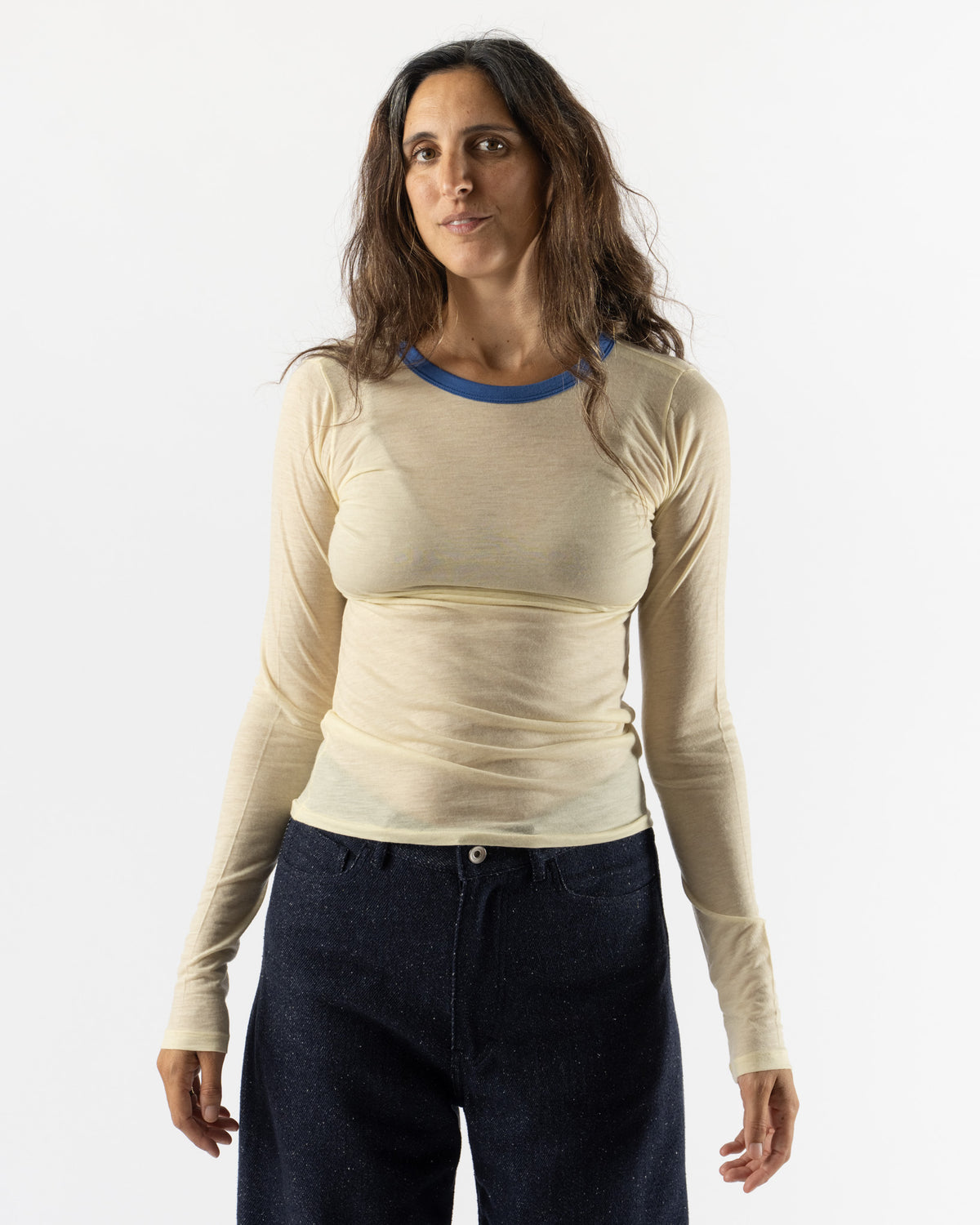 Auralee Cashmere Nylon Jersey Ringer L/S Tee in Light Yellow