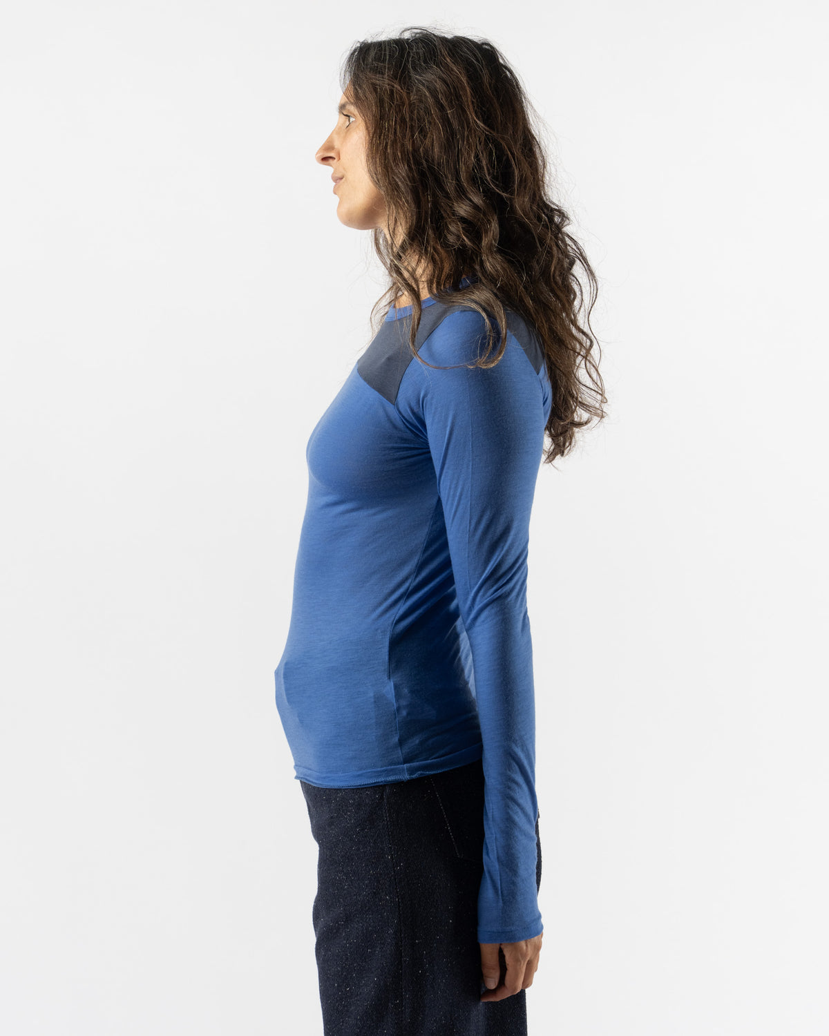 Auralee Cashmere Nylon Jersey Contrast L/S Tee in Blue X Navy