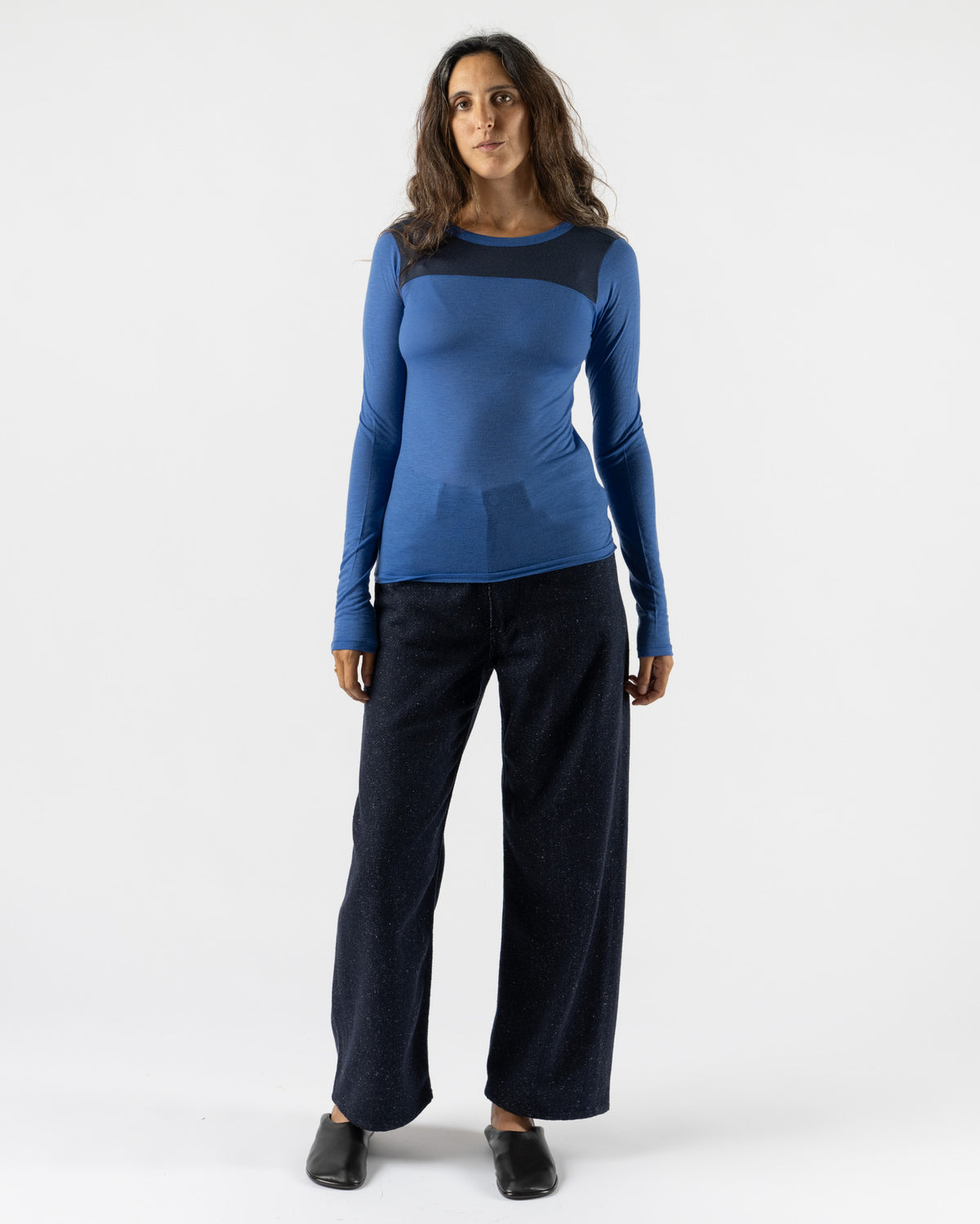 Auralee Cashmere Nylon Jersey Contrast L/S Tee in Blue X Navy