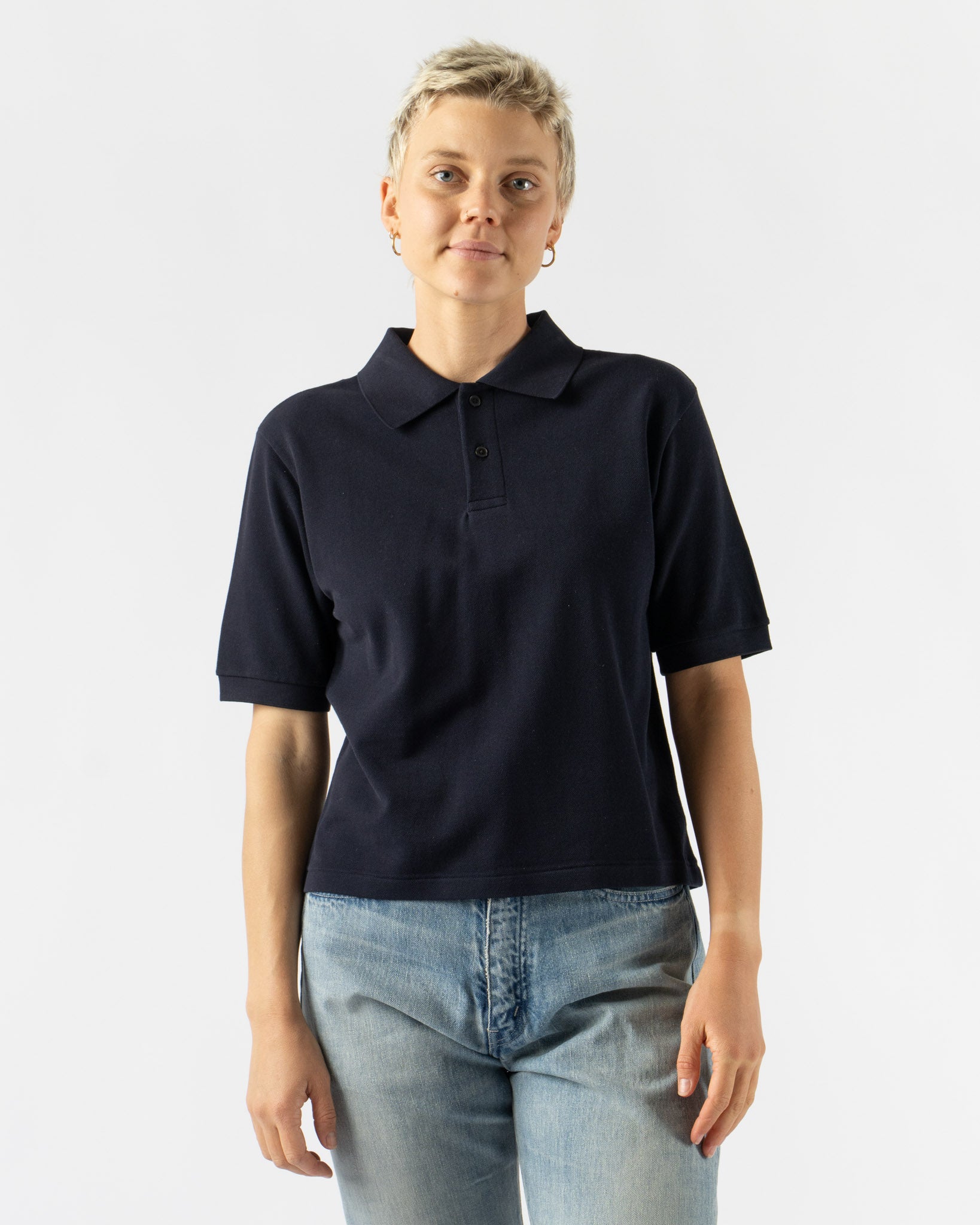 Auralee High Gauge Pique Polo in Dark Navy
