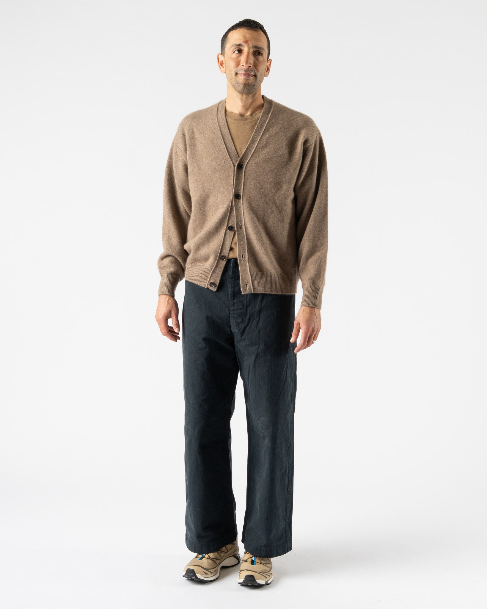 Auralee Mens Baby Cashmere Knit Cardigan in Natural Brown