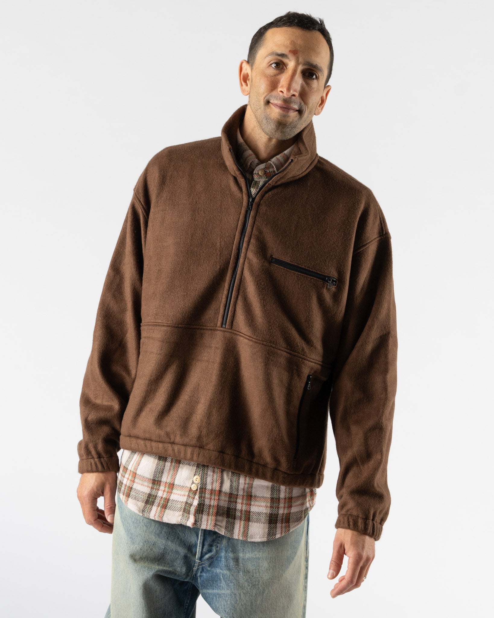Auralee Pure Silk Comfort Fleece Pullover in Brown Curated at Jake