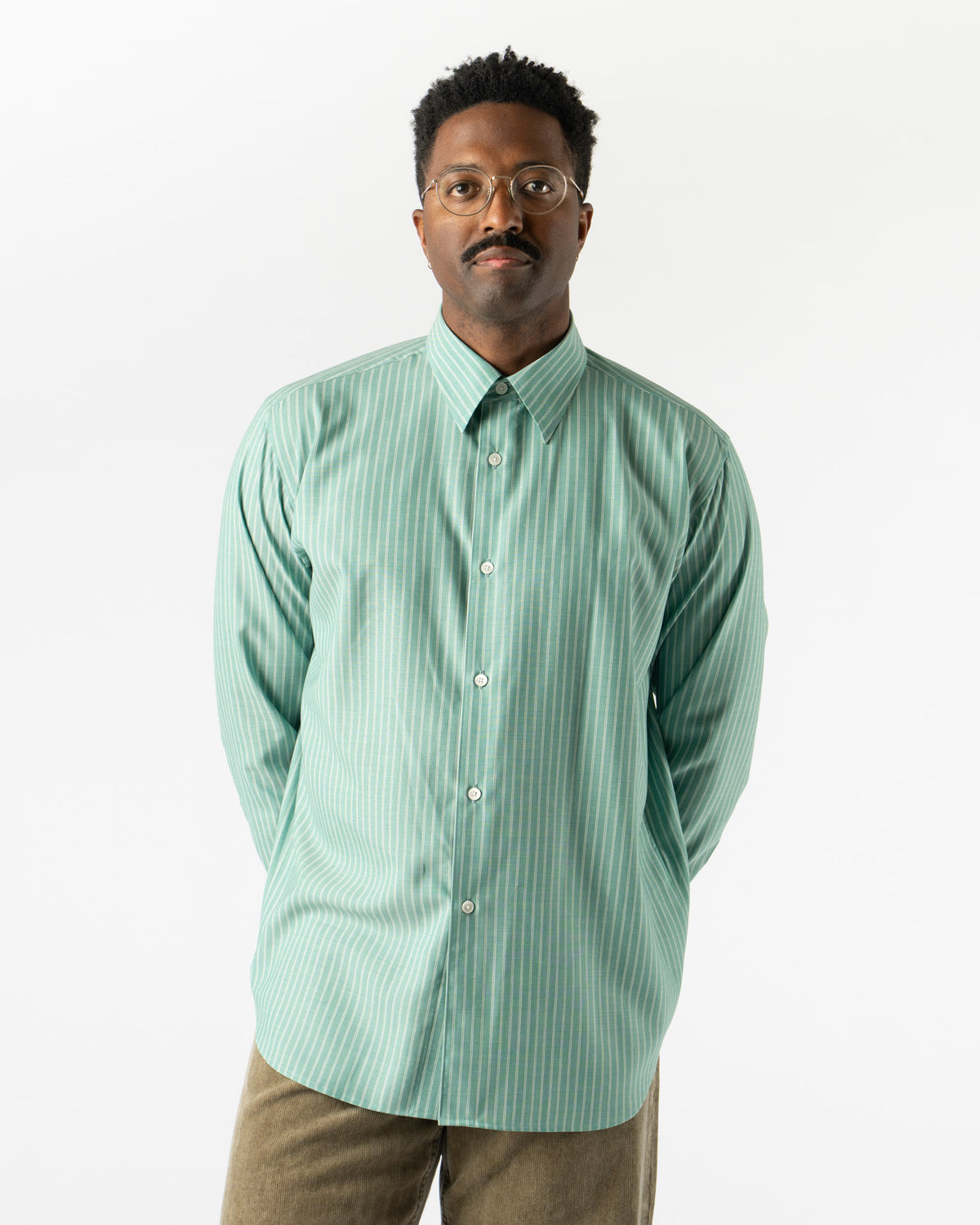 Auralee Super Fine Wool Stripe Shirt in Green Stripe Curated at 
