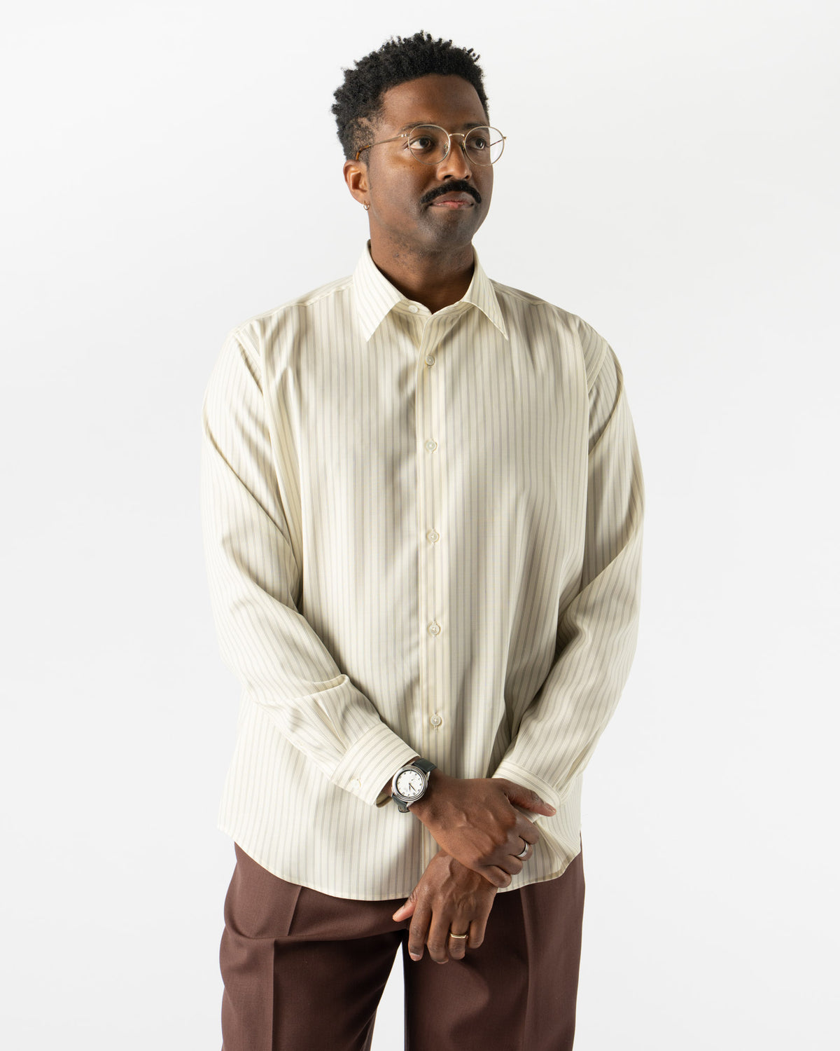 Auralee Super Fine Wool Stripe Shirt in Ivory Stripe Curated at 
