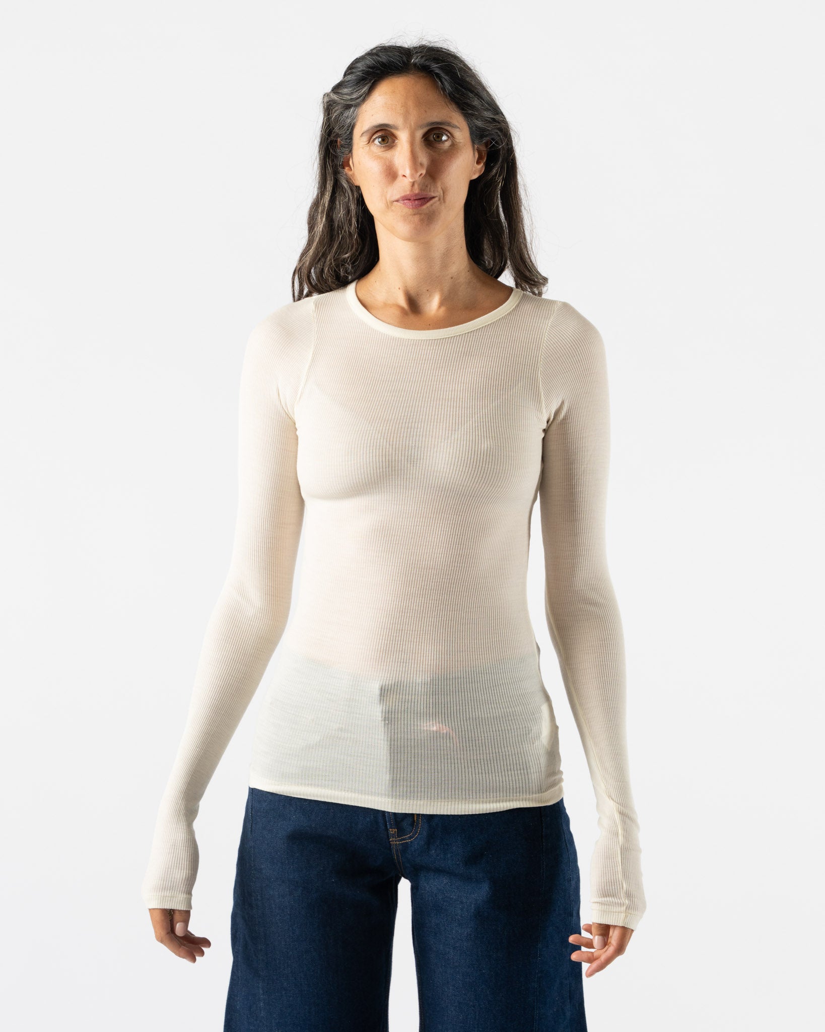 Auralee Wool Silk Soft Long Sleeve Tee in Ivory