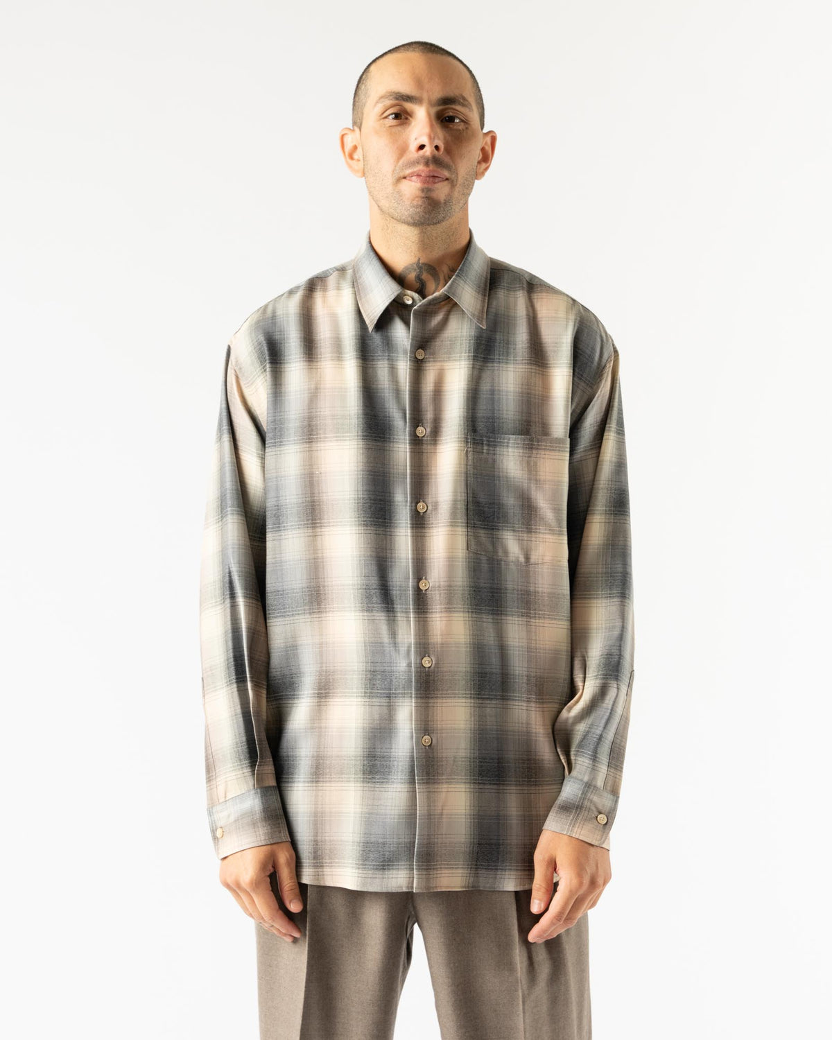 Auralee Super Light Wool Check Shirt in Beige/Blue Check Curated 