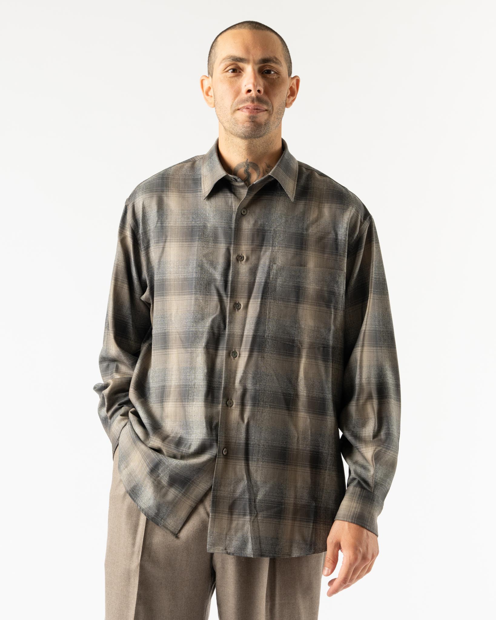 トップス AURALEE SUPER LIGHT WOOL CHECK SHIRTS Auralee Super Light Wool Check Shirt in Charcoal/Grey Check