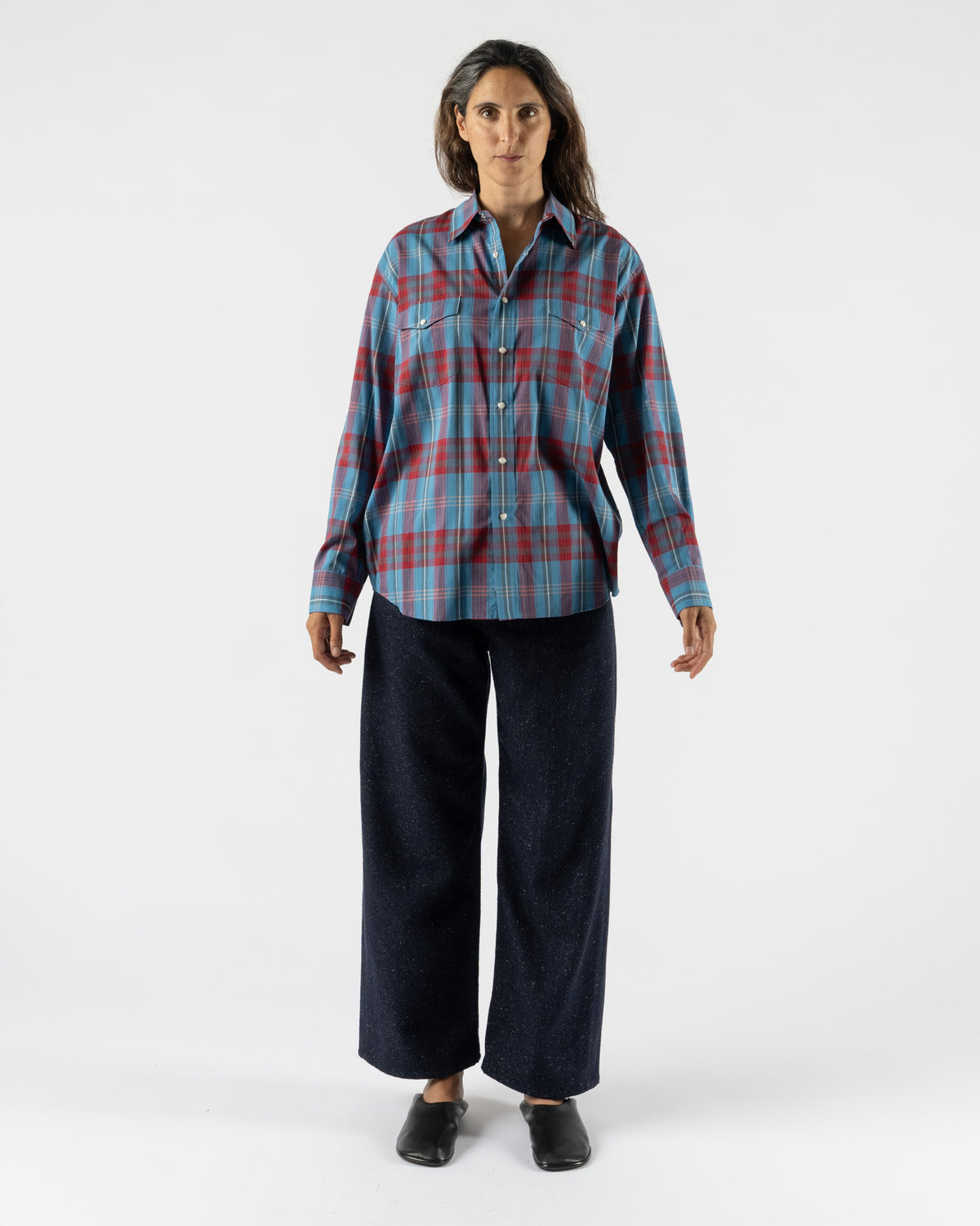 Auralee High Twist Cotton Silk Check Shirt in Blue Check