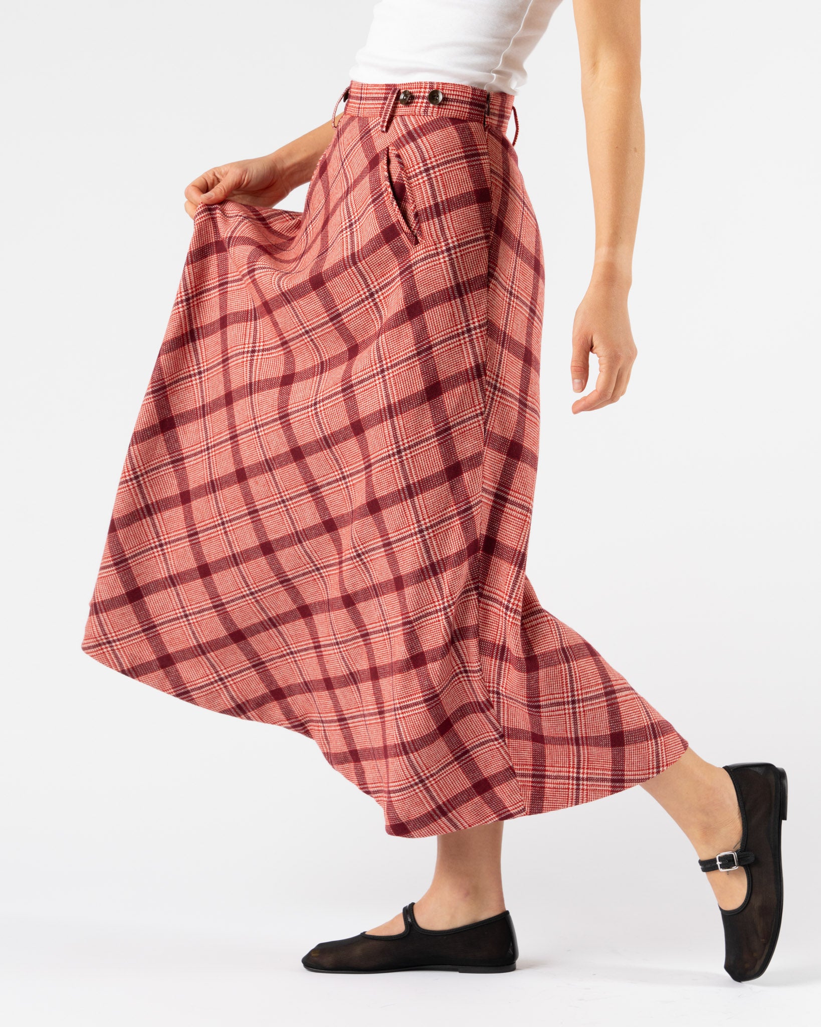 Beams Boy Check Long A-Line Skirt in Red