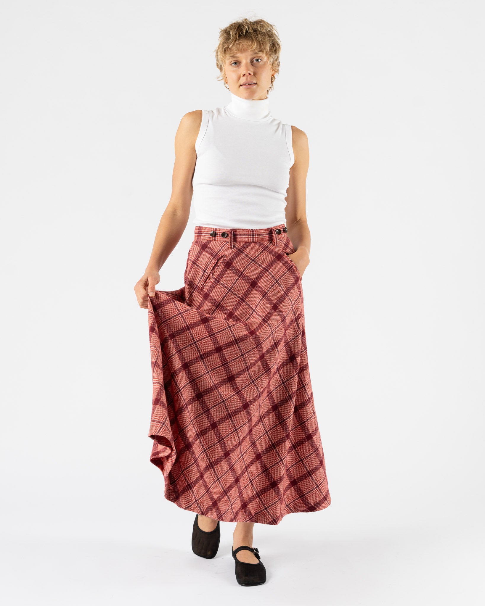 Beams Boy Check Long A-Line Skirt in Red