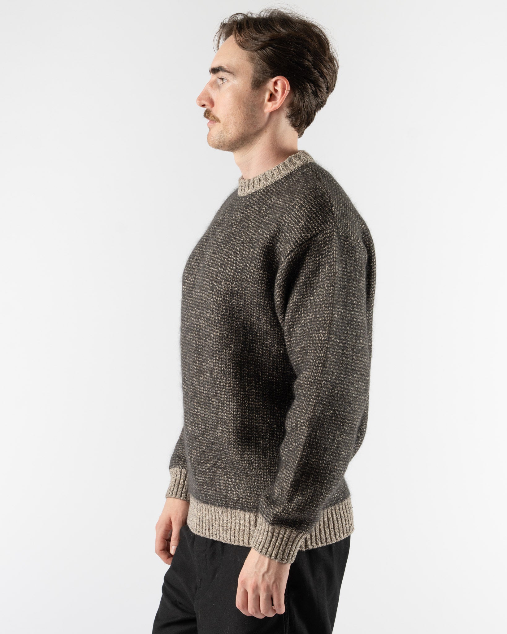 Beams Plus Crew Inlay Mohair Wool Silk Sweater in Beige