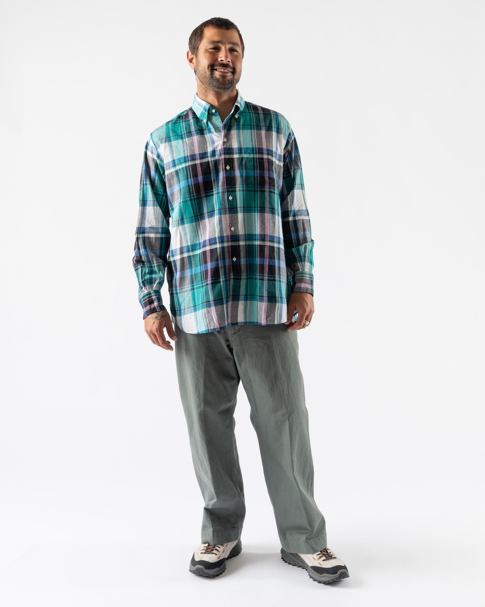 Beams Plus B.D. Classic Fit Madras Shirt in Green