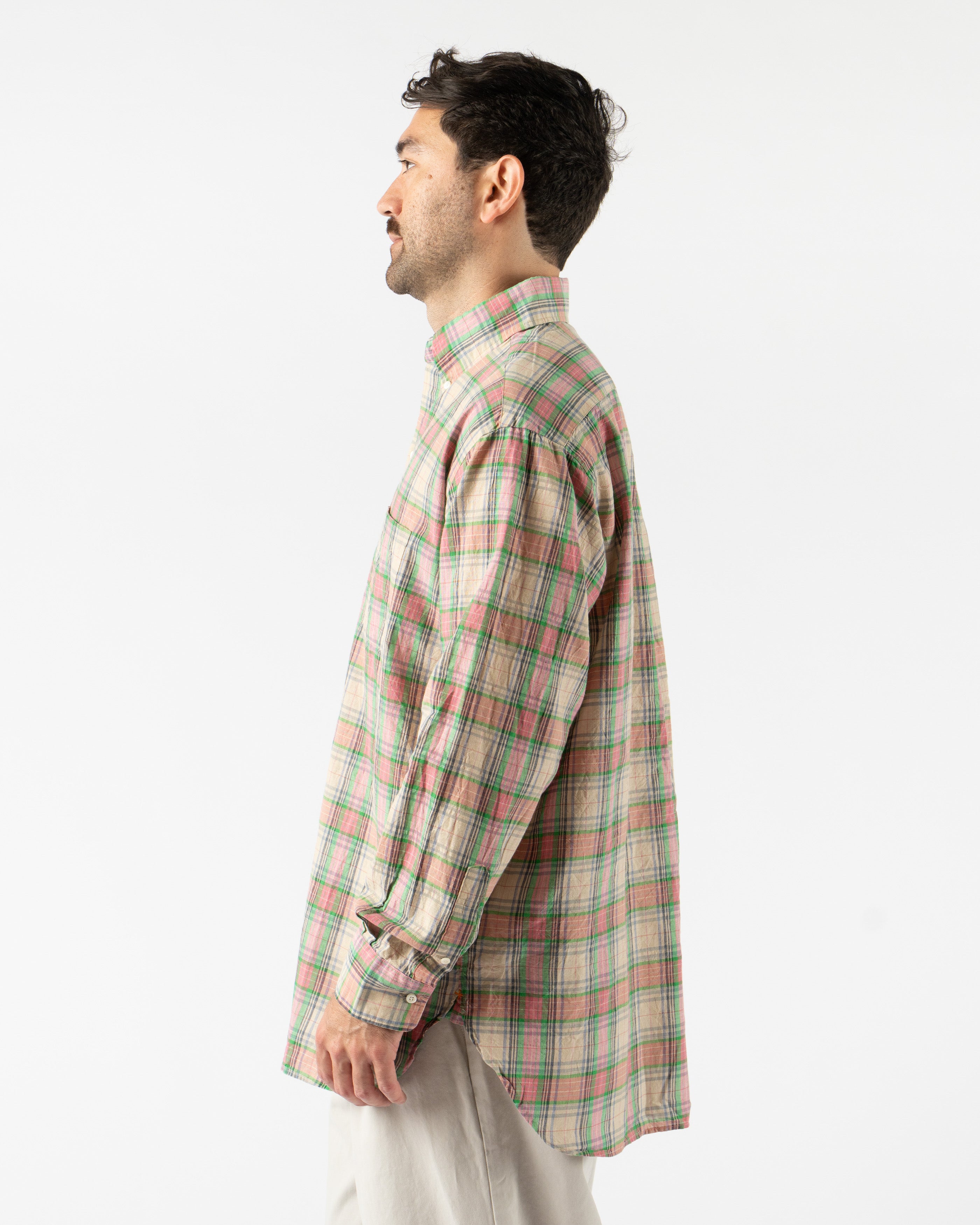 Classic fit Beams Plus Madras shirt in pink plaid, premium cotton fabric for a timeless casual look