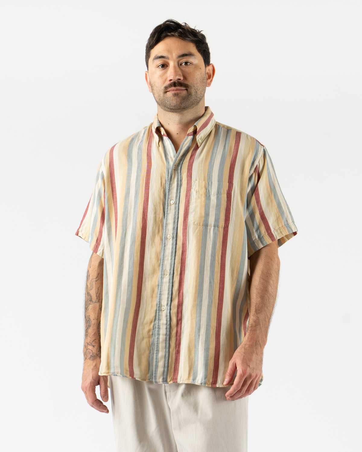 Beams Plus BD Classic Fit Multi Stripe Double Gauze Shirt in Beige 