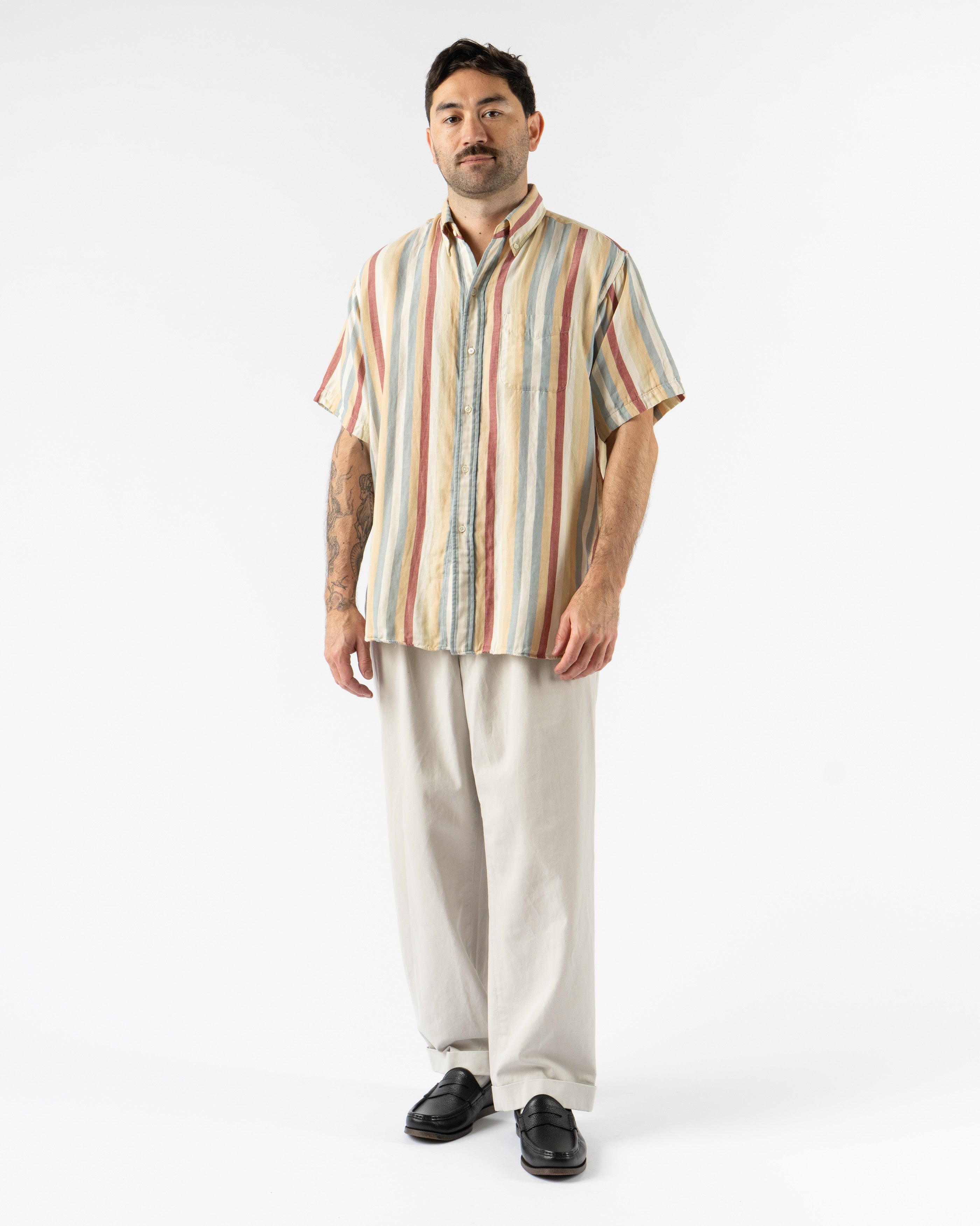 Men’s Beams Plus BD Classic Fit Multi Stripe Double Gauze Shirt in Beige – lightweight cotton shirt for everyday wear