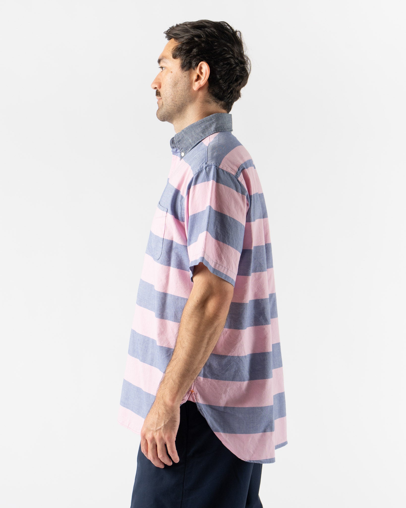 Beams Plus BD Pullover Classic Fit Oxford Stripe in Pink/Navy