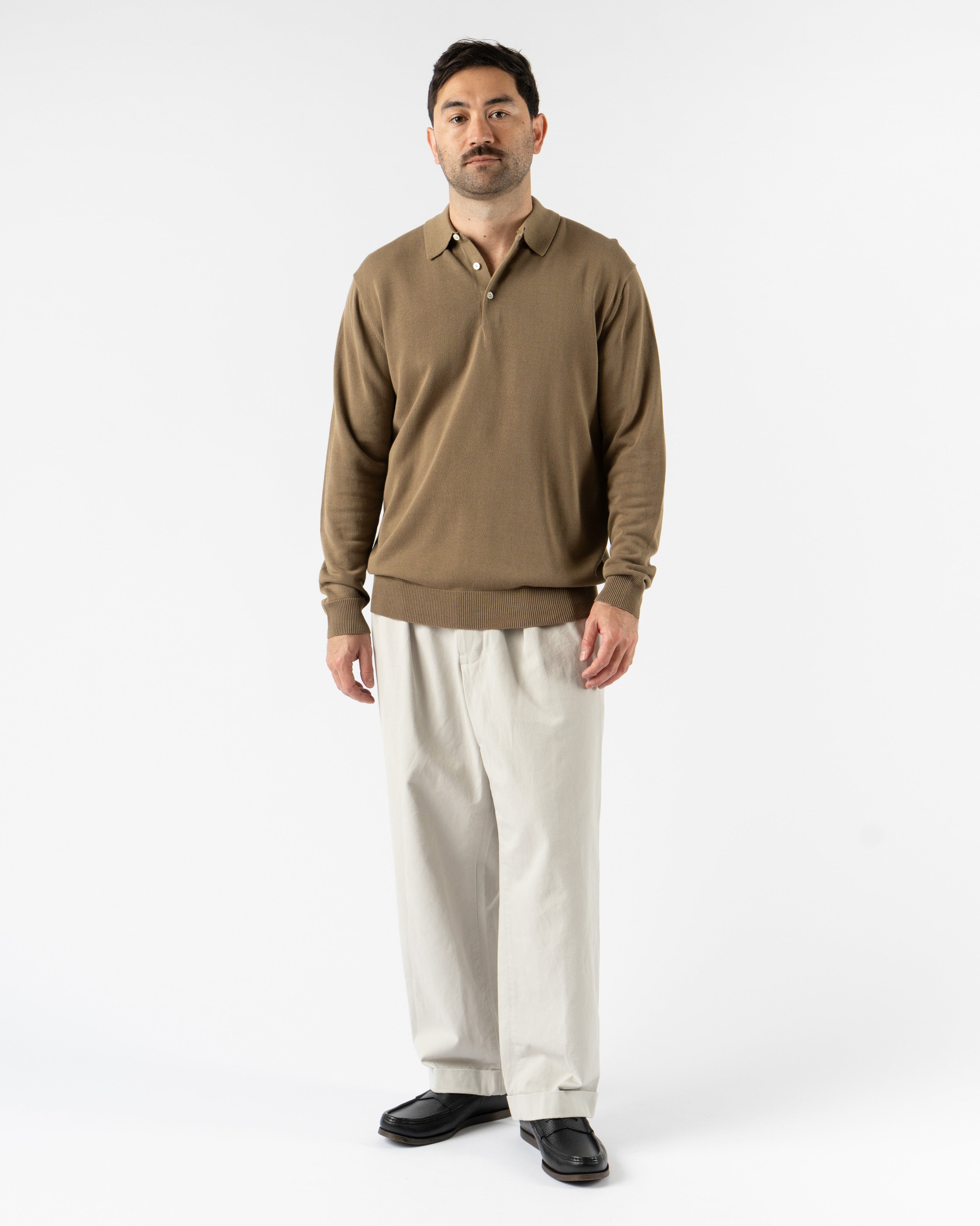 Beams Plus Knit 12-Gauge Polo in Mocha – refined short sleeve men’s polo crafted from lightweight 12-gauge knit fabric, featuring a smooth texture, ribbed trims, and a soft mocha tone for an elevated everyday look.